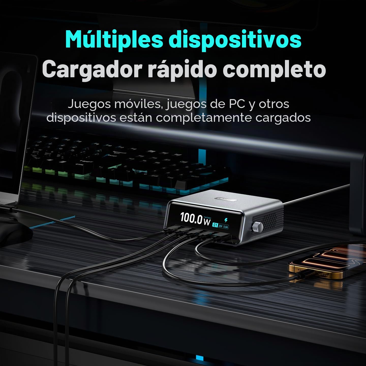 Estación de carga de escritorio inteligente, estación de carga USB C GaN3 de 100W, ultrarrápida de 5 puertos, USB C con PD3.0 de 100W, QC3.0, pantalla LCD de 2,25" y dial de control inteligente
