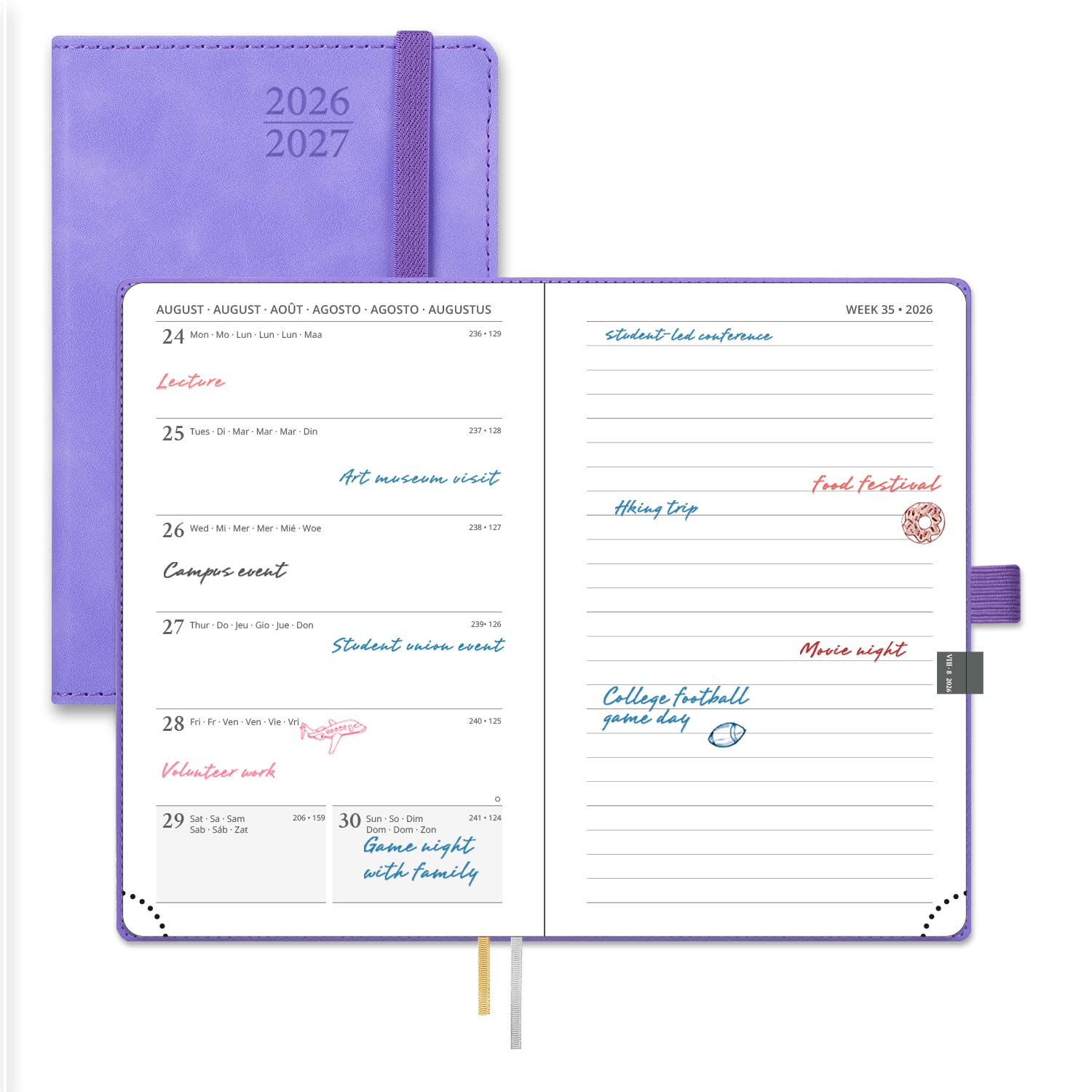 POPRUN Academic Pocket Diary A6 Week to View 2026-2027 Soft Cover 16 x 10.5 cm - 26/27 Small Weekly Planner & Notebook in One, Inner Pocket(Lilac)