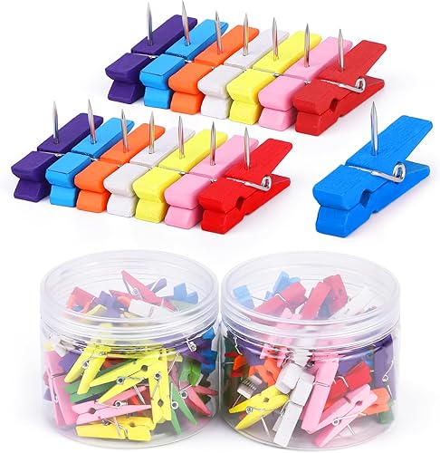Pinzas de empuje coloridas, tachuelas para el pulgar con clips de madera, 100 pines para tablero de corcho, decoraciones de tablones de anuncios,