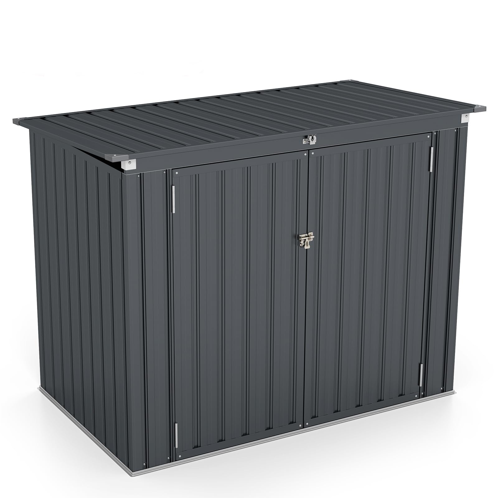GOPLUS 1,51m² Abris de Jardin en Métal Galvanisé Extérieur, Cache Poubelle, Résistant aux Intempérie,Couvercle Relevable, 2 Portes Verrouillable, Structure Renforcée, 1,97m³,172x100x129cm (Gris)