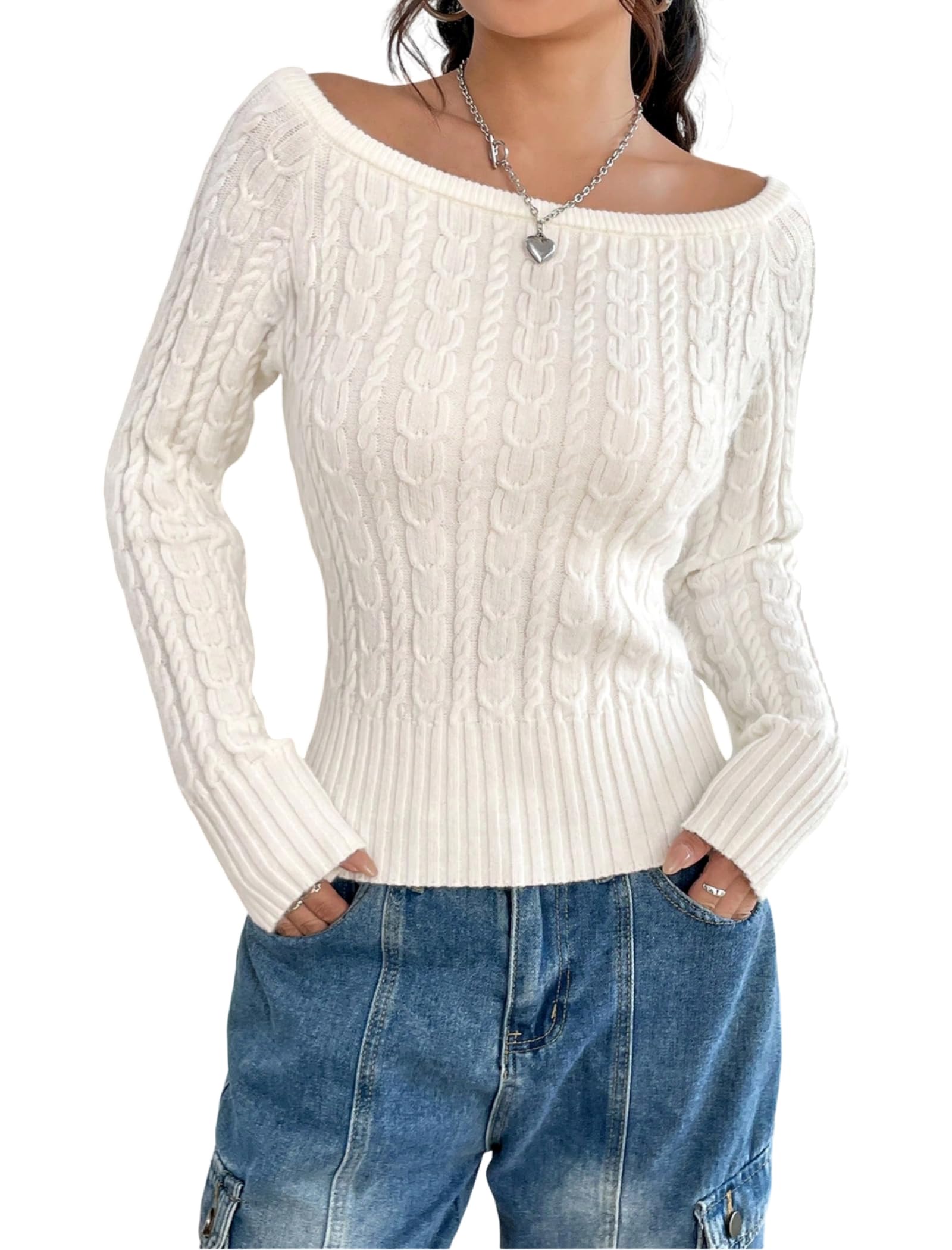 ZAFUL Womens Boat Neck Cable Knit Sweater Long Sleeve Off Shoulder Ribbed Slim Fit Pullover Tops Cute Fall