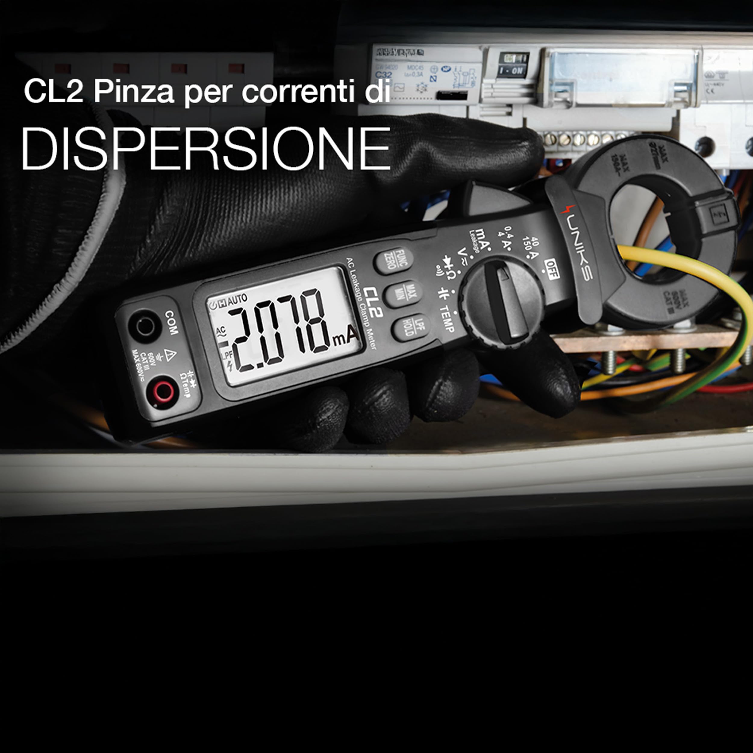 UNIKS – Pinza Amperometrica Professionale CL2 per Correnti di Dispersione, Tensione AC/DC, TRMS 600V