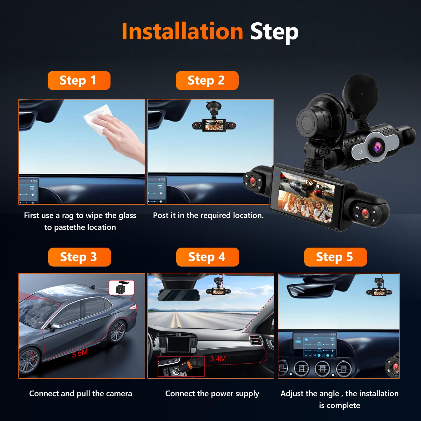 Mirror Dash Cam 4 Channel Front Rear, 3 inch Rückspiegel Kamera mit G-Sensor/Parking Monitoring/Night Vision 360 Grad Schutz+ 64GB Karte