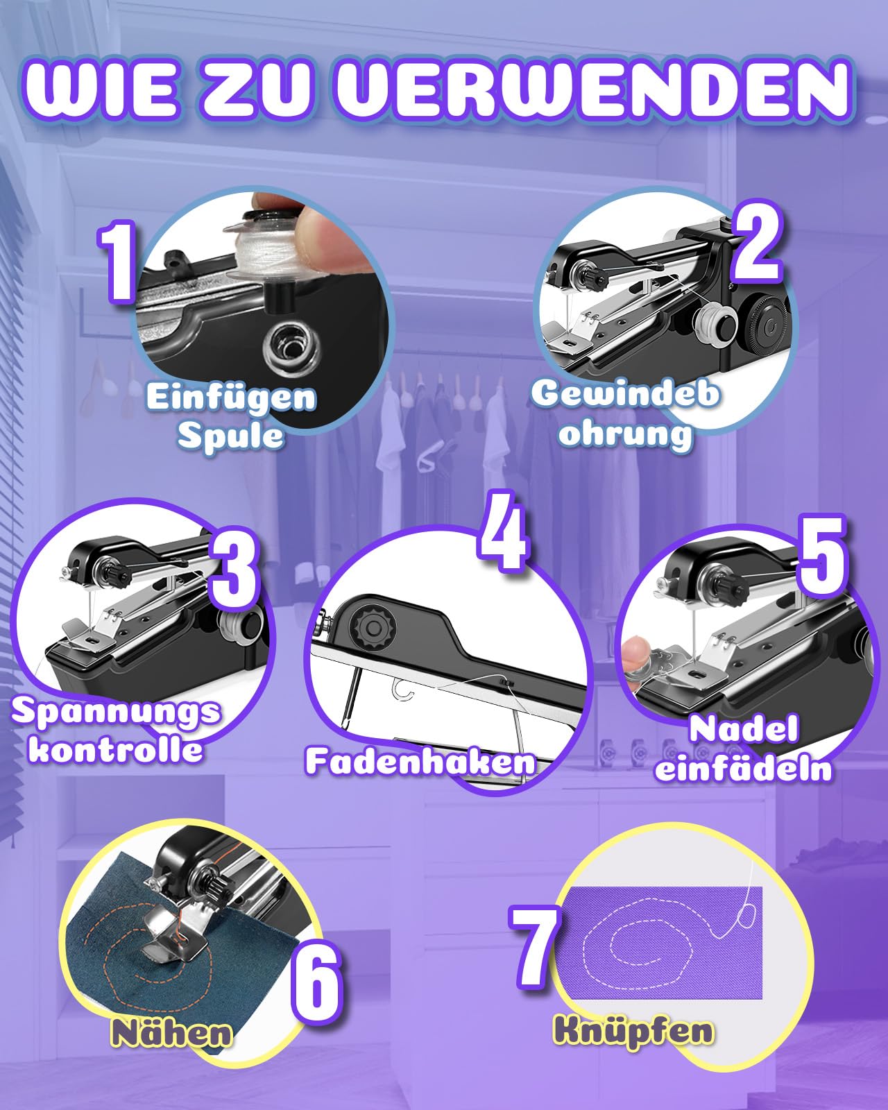 Handnähmaschine Elektrisch Tragbare, Schnelles Nähen Mini Nähmaschine Anfänger mit Spulen Zubehör für Vorhänge Kleidung DIY Handwerk, Hand Sewing Machine für Hause und Outdoor-Notfall (Schwarzer)