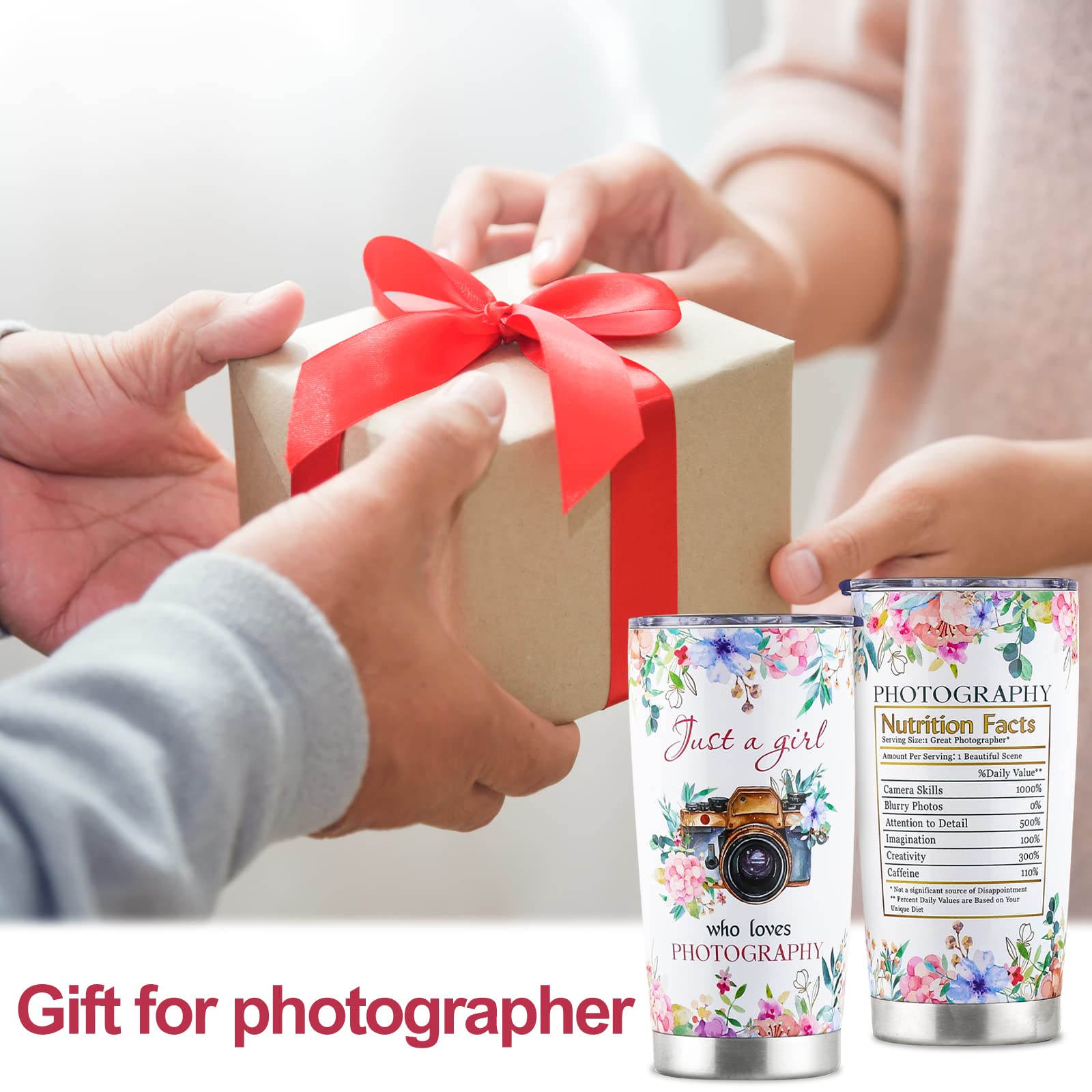 kwsnatel Photographer Gifts for Women - Just a Girl Who Loves Photography Tumbler with Lid - Birthday Gifts for Women Photographer - Traveling Cups for Her - Cute Flower Camera Coffee Mug 20oz