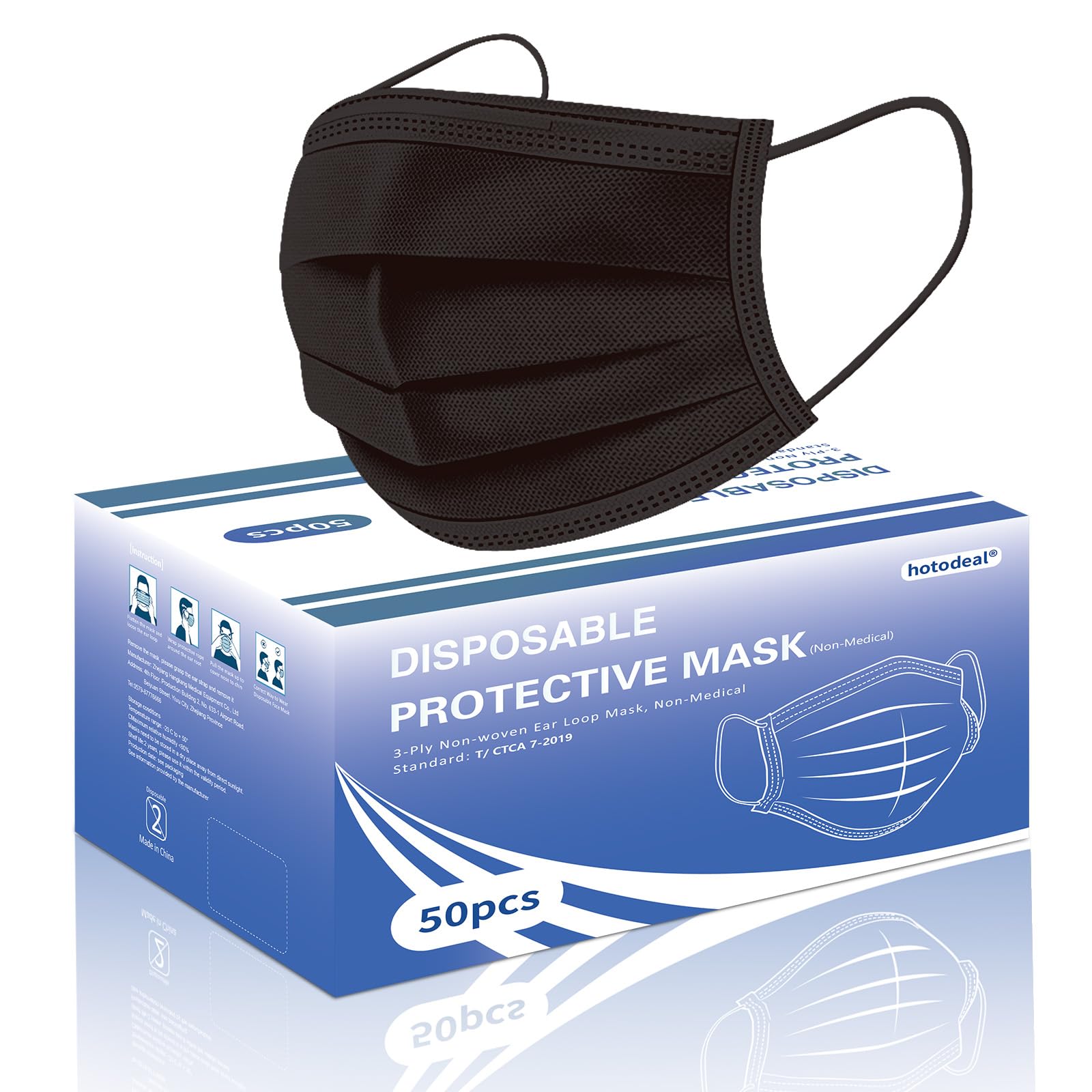 Hotodeal Disposable Face Masks, Lightweight Breathable Facial Masks for Adult, Men, Women, Indoor, Outdoor Use 50 Pcs (Black)