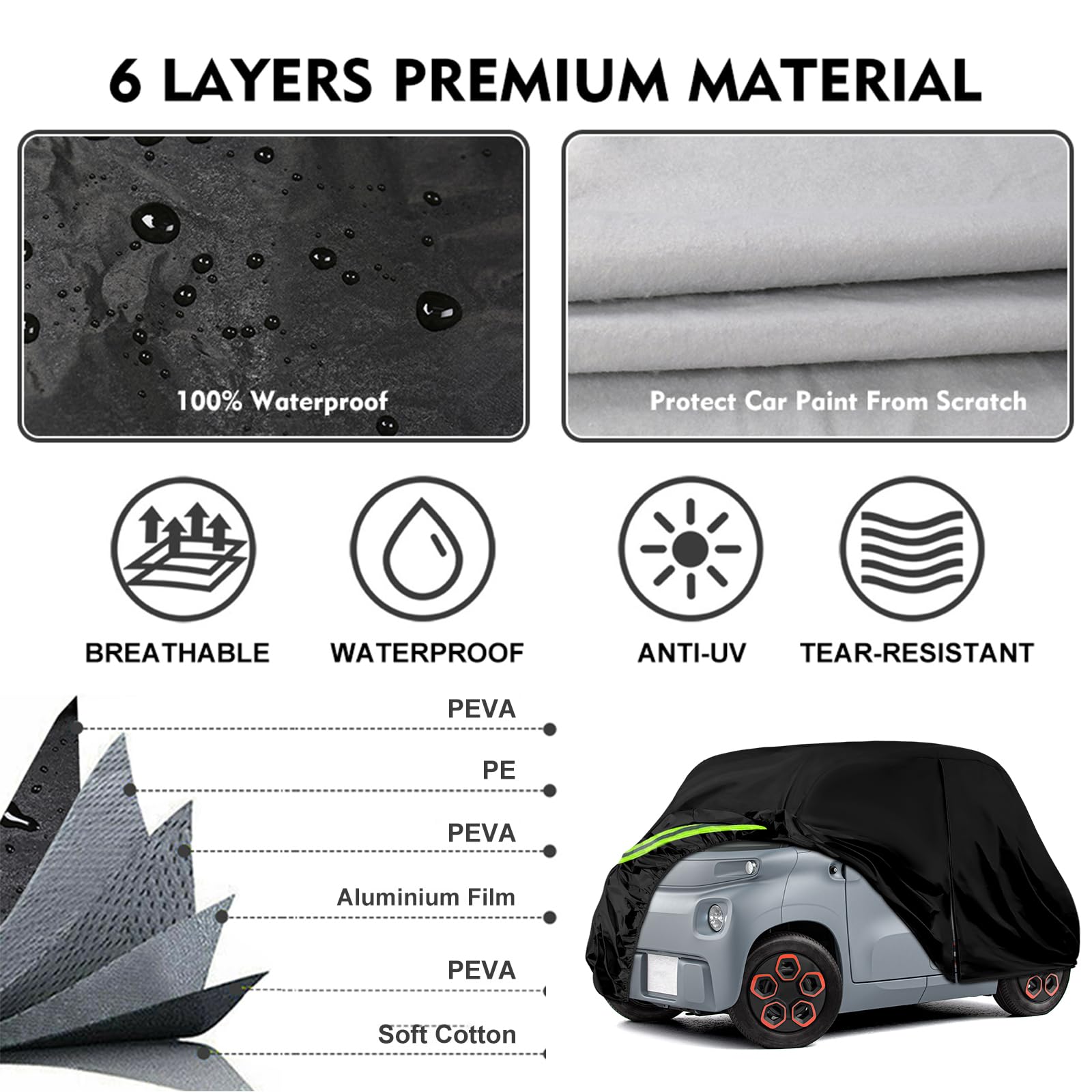 Cubierta del Automóvil Reemplazo para Citroen Ami/Opel Rocks-e/Electric/Fiat Topolino 2020-2024, Lona del Automóvil Garaje del Completo Impermeable Garaje Completo Tiras Reflectantes