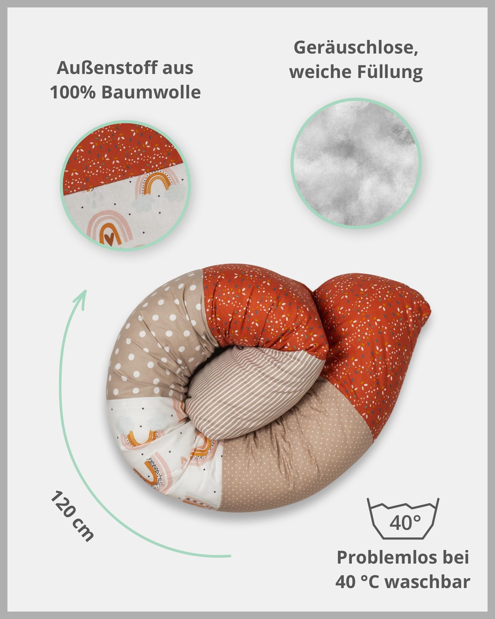 ULLENBOOM ® Baby Kuschelschlange 120x13 cm Regenbogen (Made in EU) - Kuschelschnecke in vielen Farben und Größen, Bezug: 100% OEKO-TEX Baumwolle, Nackenrolle, Kopfschutz für Wickeltisch