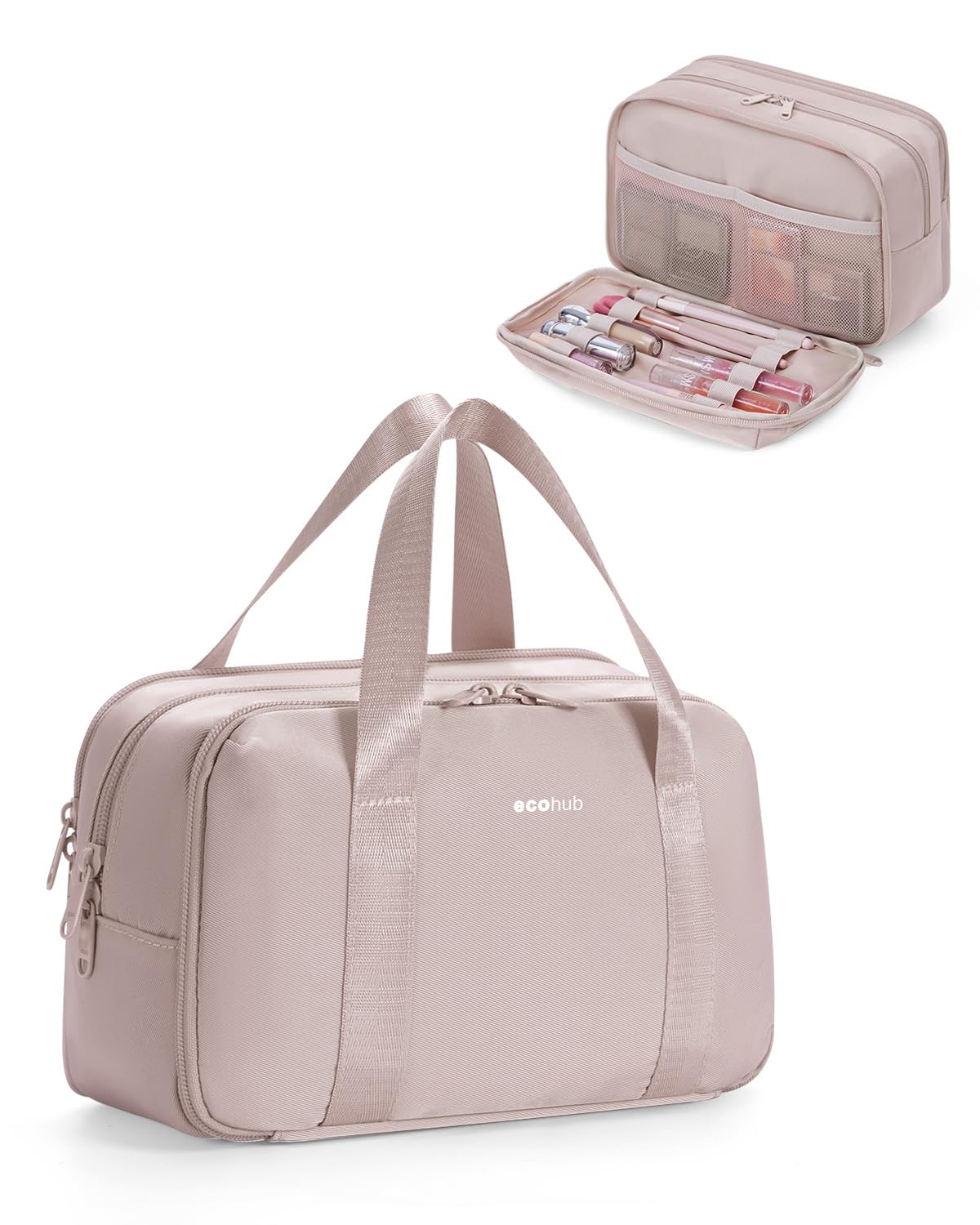 – Large Toiletry Bag for Women, Recycled Water-Resistant Wash Bag with Wide-Open, Makeup Cosmetic Organizer for Toiletries Accessories, Saving Bag for Full-Sized Container, Beige