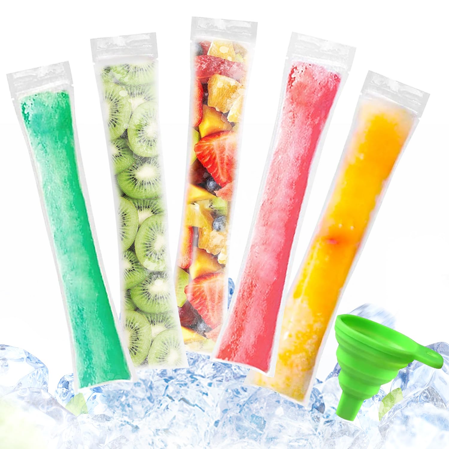 Bolsa para helado, 200 Piezas Moldes de helado, Bolsas Popsicle con Embudo Verdes, para Yogur y Caramelos, 5.5 x 27.5 cm