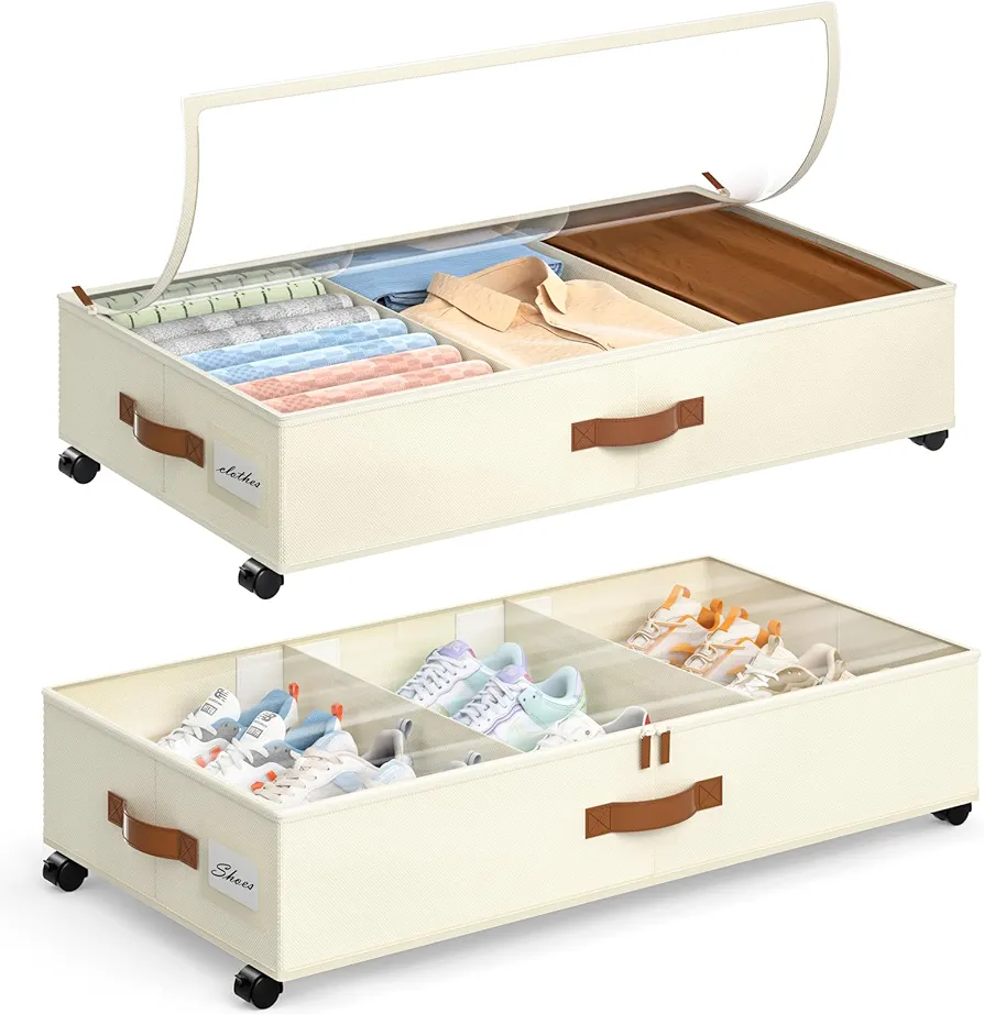 Yecaye Under Bed Storage with Wheels, 2 Pack Under Bed Storage Containers with Adjustable Dividers & Clear Lid, Rolling Underbed Organizer Bins Drawer for Clothes, Shoes, Blankets(33.3 x 16.5 x 6.7in)