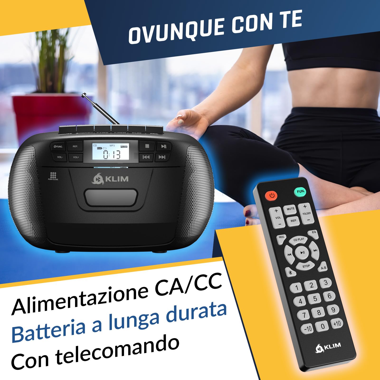 KLIM Lettore CD - Lettore Cassette Audio, AM/FM Radio Bluetooth, Stereo CD Player, Remota, Registrazione Su Nastro, USB Drive, AUX, Radio CD Stereo Casa Alimentazione AC/DC