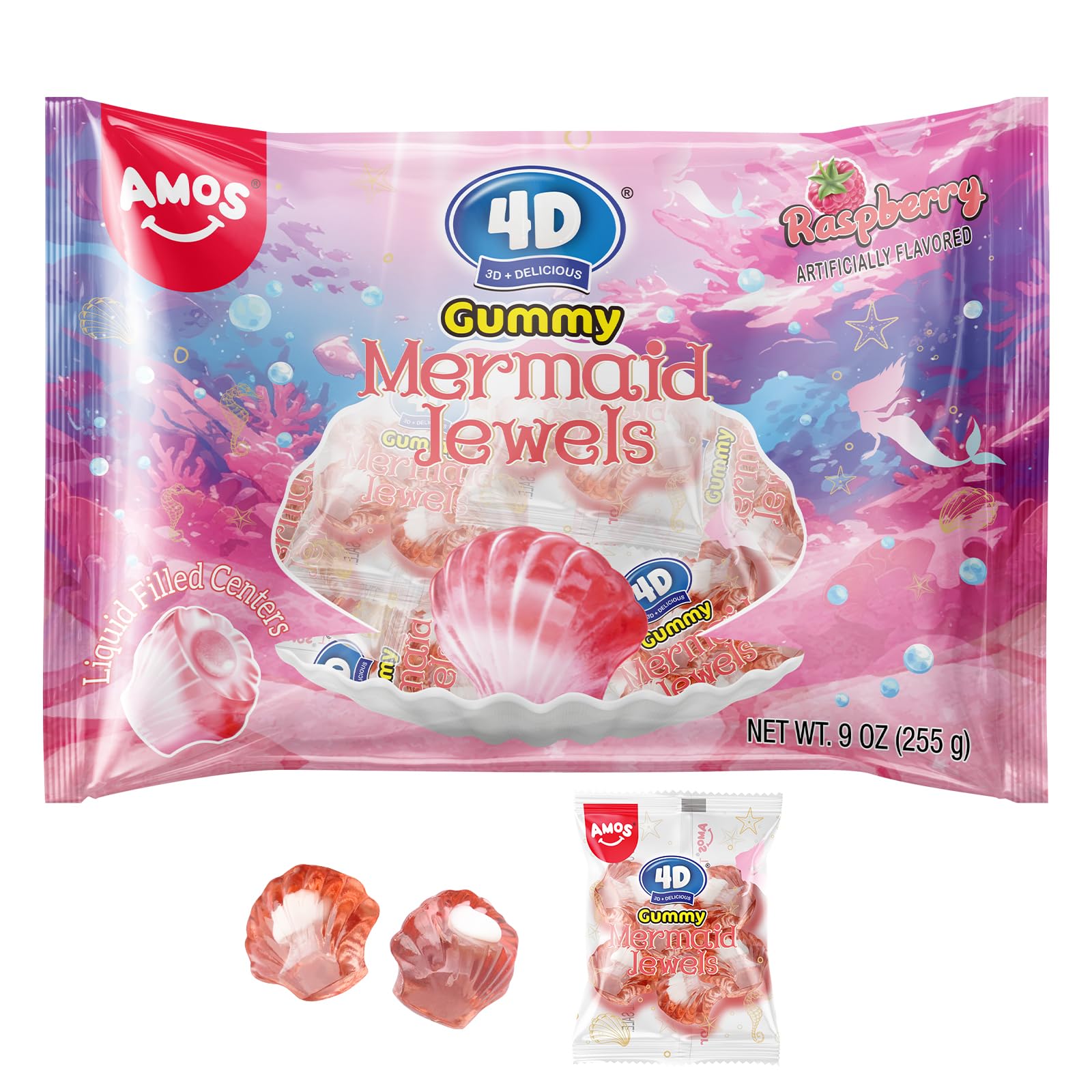 AMOS4D Gummy Candy Mermaid Jewels Fruity Filled, Soft Center Jelly-filled Seashell Candy, Raspberry Flavor Christmas Candy (9oz Pack) pink