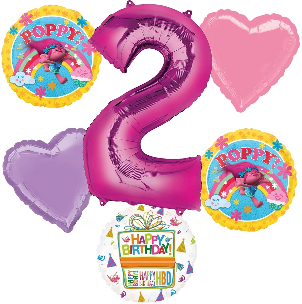 Trolls Poppy 2nd Birthday Party Supplies Balloon Bouquet Decorations 6pc