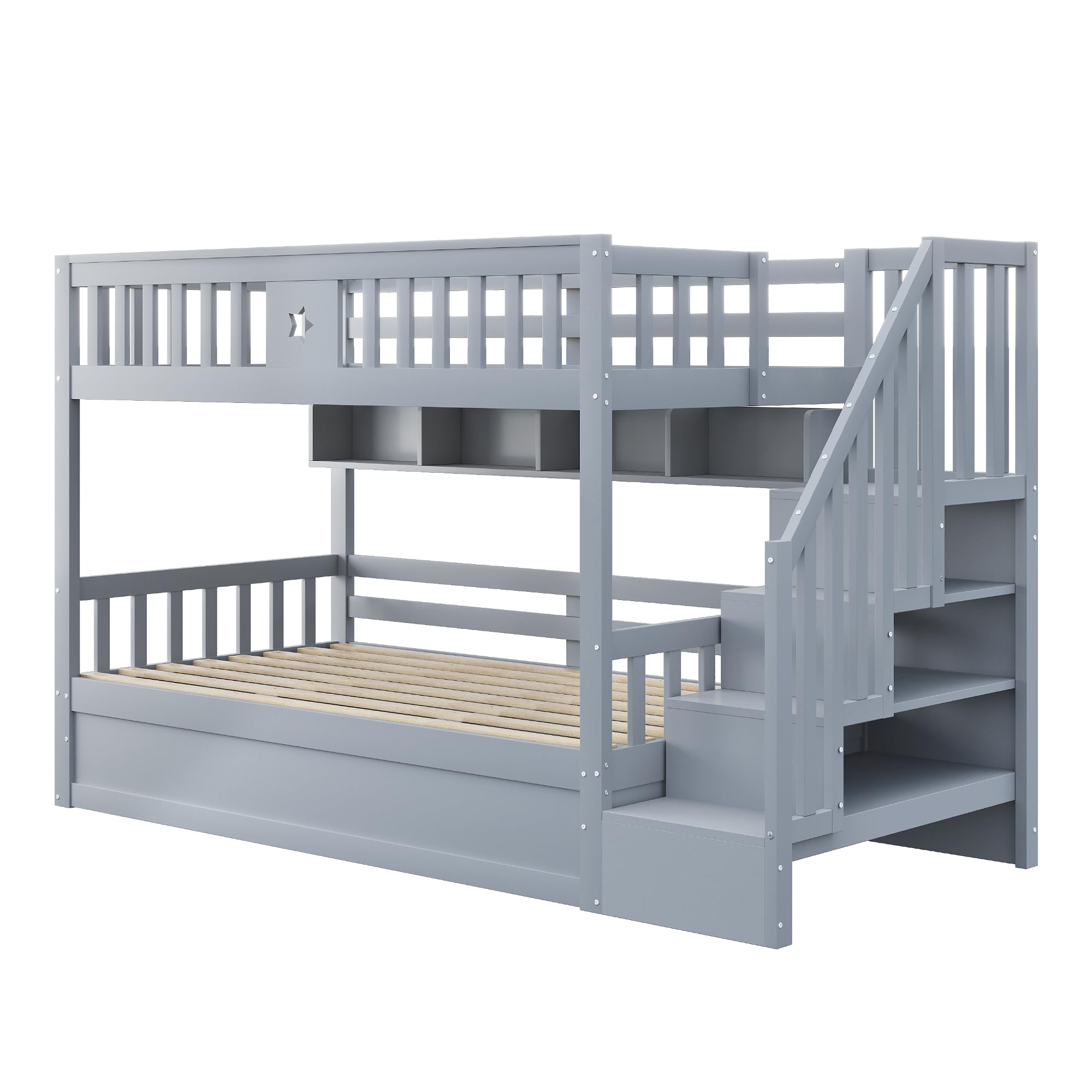 90 x 200 cm, Letto in Legno Naturale, Soppalco con Sottoletto Idraulico, Scala di Stoccaggio, Scaffali, Letto per Ragazzi (Grigio Type2)