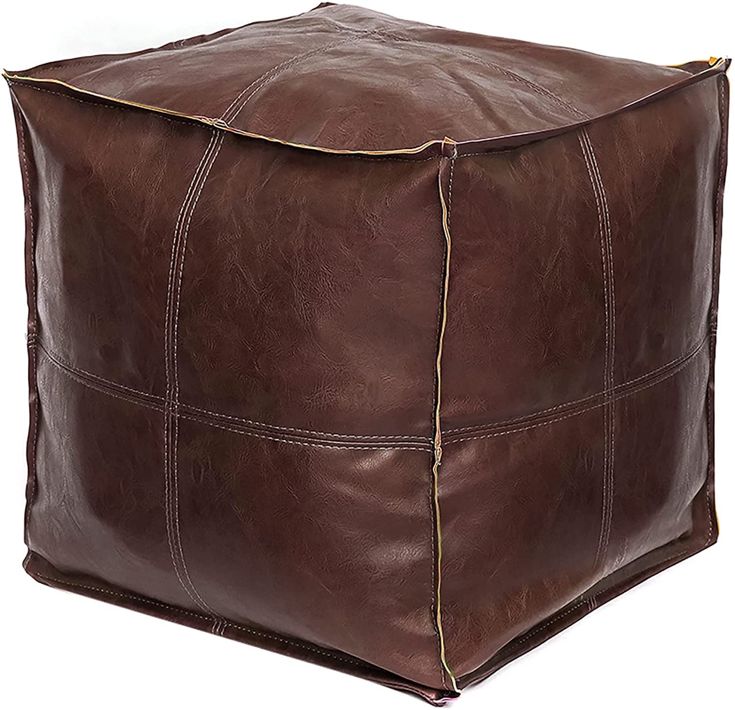 Louis Donné Leather Square Pouf Ottoman Cover, PU Leather Pouf Cover Used As Footstool, Floor Poufs Chairs for Living Room, Balcony, Bedroom, Cover ONLY (Brown)
