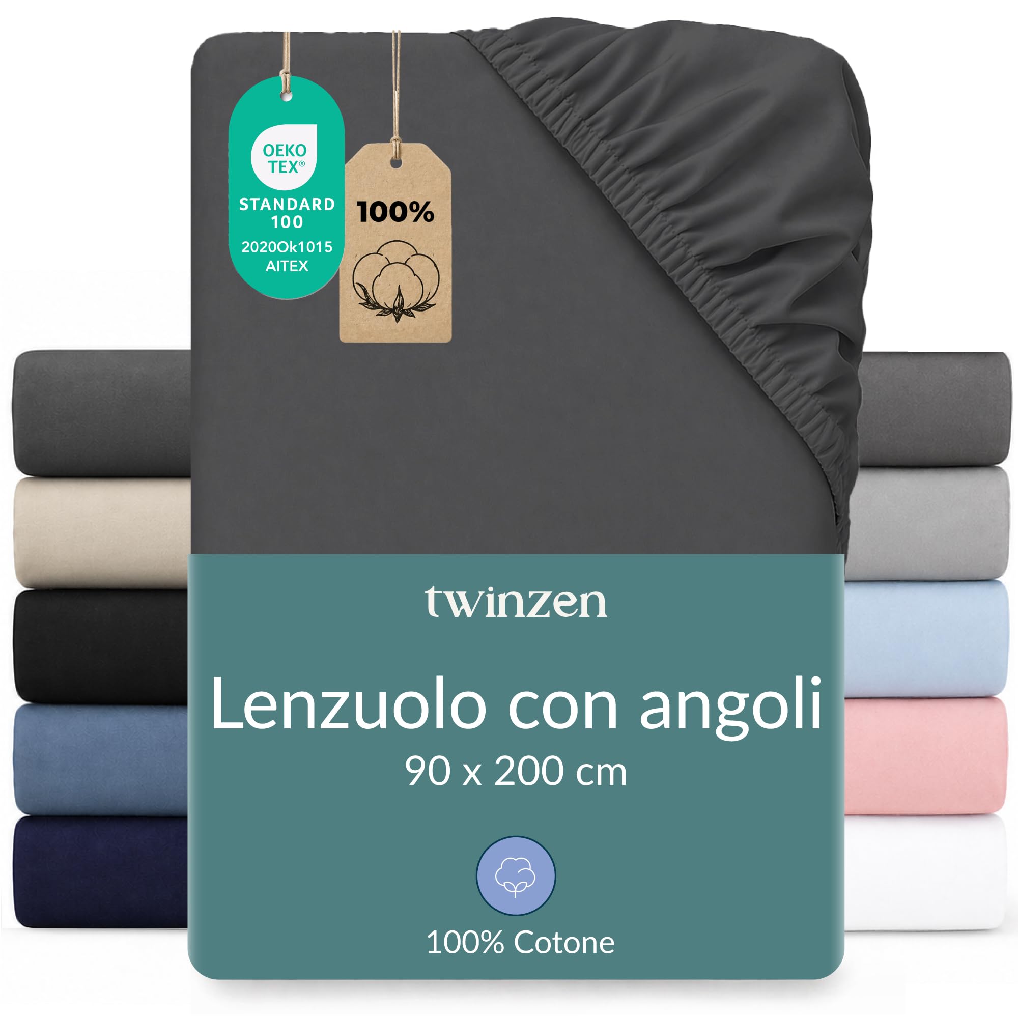 Twinzen Lenzuola Letto Singolo 90x190/200 cm - 100% Cotone Jersey, Grigio Scuro - Oeko Tex Certificato - Lenzuolo Con Angoli Singolo