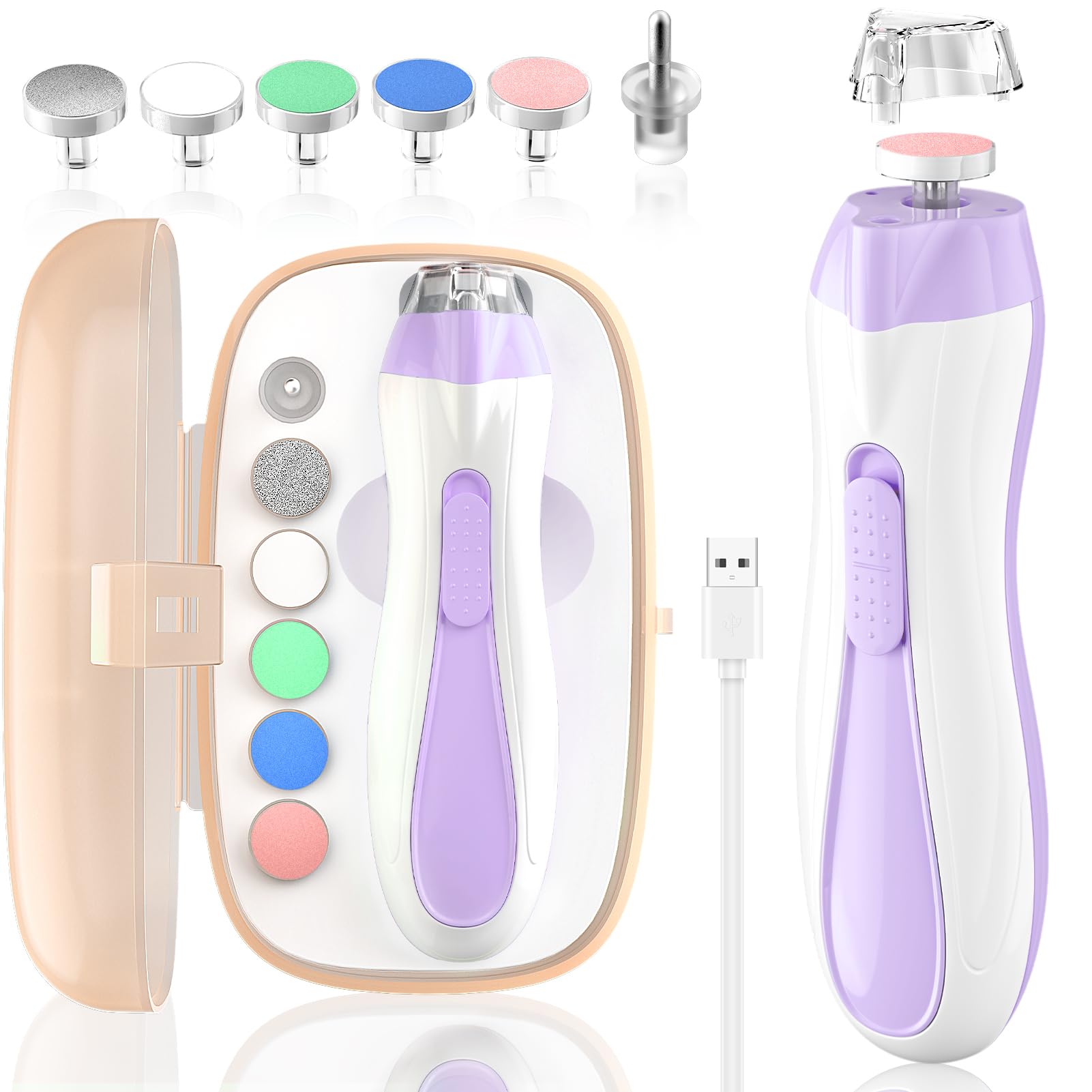 Baby Nail File Electric Baby Nail Care Set with LED Light, Baby Nail Clipper Electric for Newborn/Infants/Adults Toenails and Fingernails, 7 Grinding