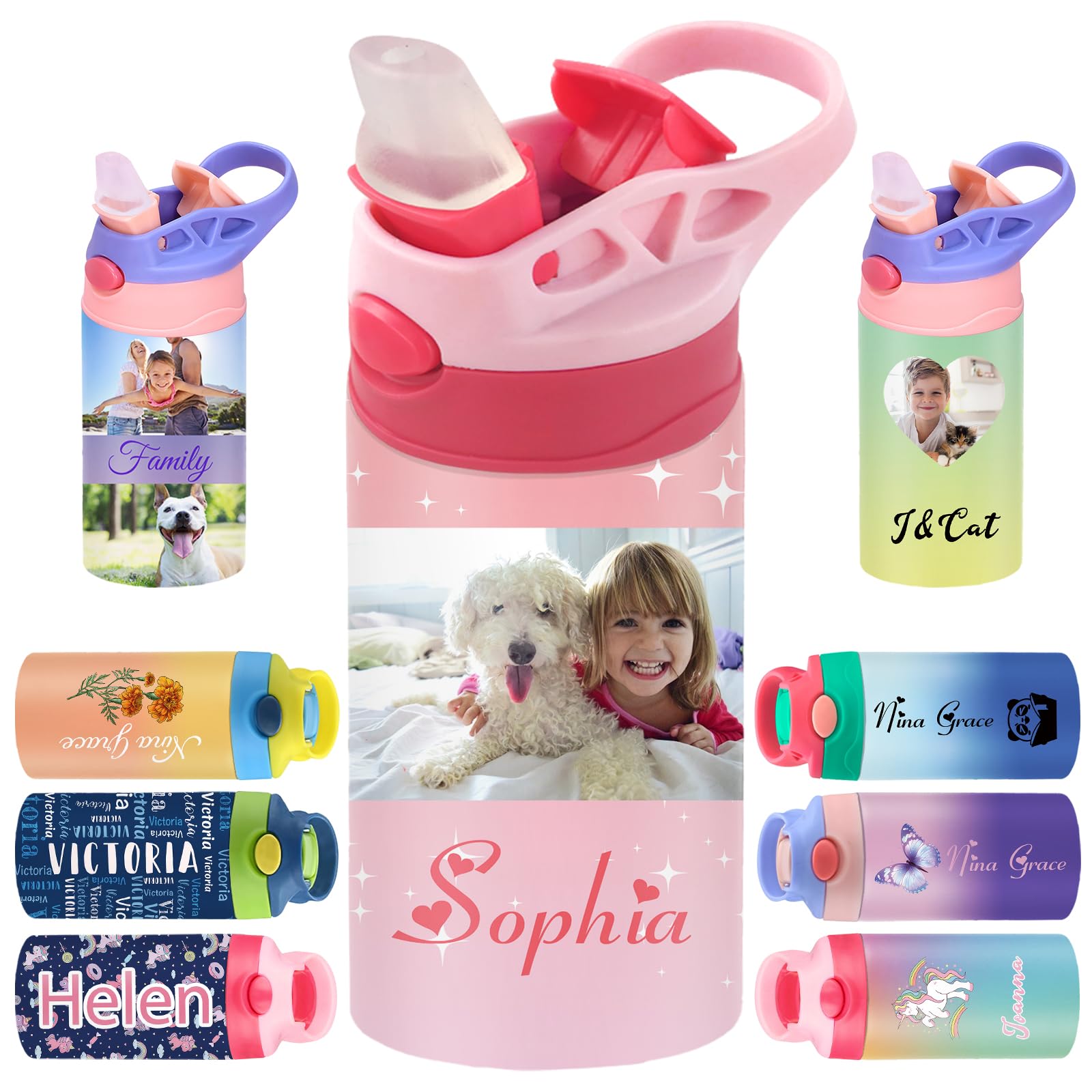 YoLLiEE Personalized Water Bottles for Kids 12 20 oz Custom Picture Water Bottle with Straw Lid Customized Insulated Stainless Steel School Travel Cup