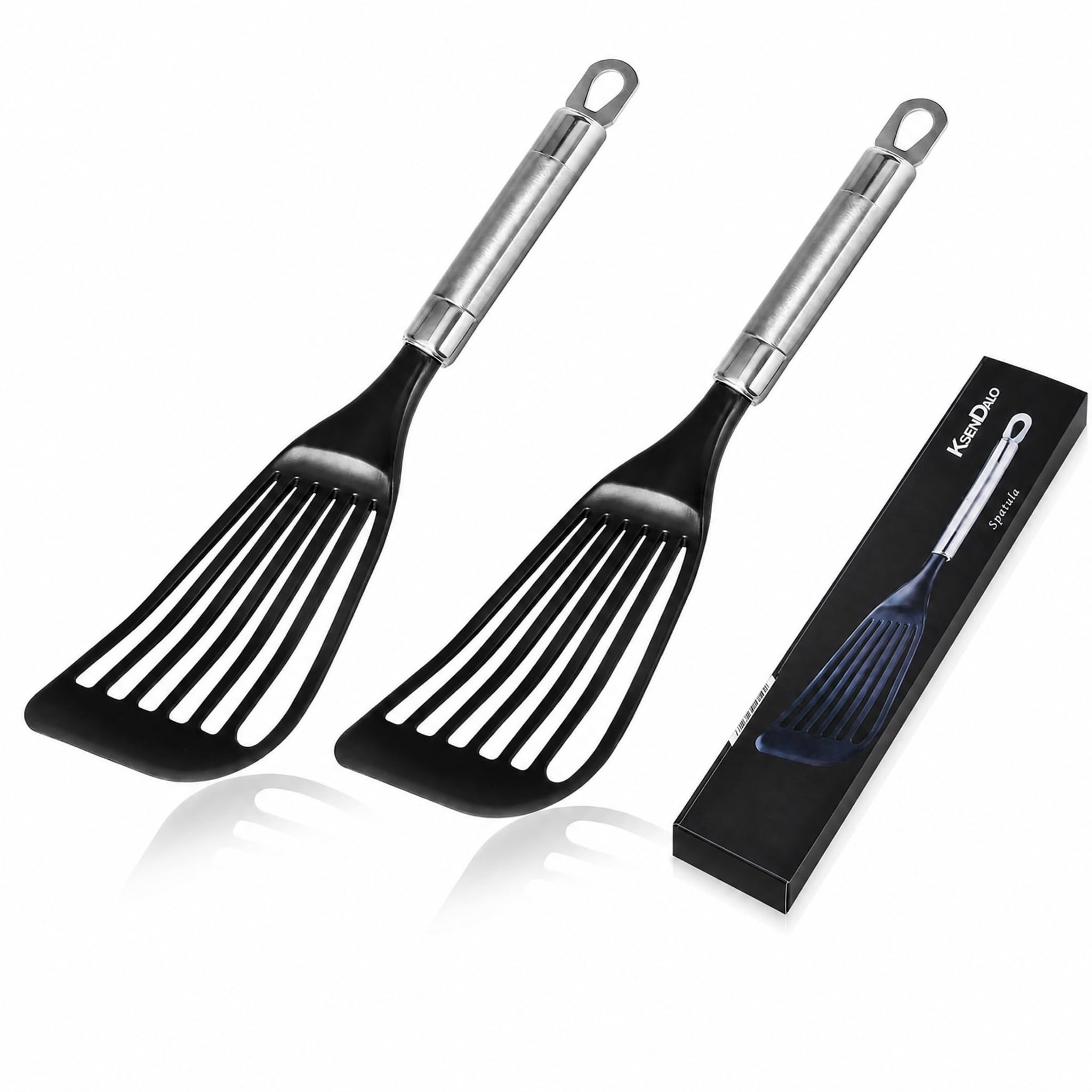 KSENDALO 2 dünne, flexible Nylon-Fischspachtel-Set für antihaftbeschichtetes Kochgeschirr, Fischspatel, Eierwender, hohler Stahlgriff, LFGB-zertifiziertes Nylon, dünne Klinge, stabiler hohler Griff