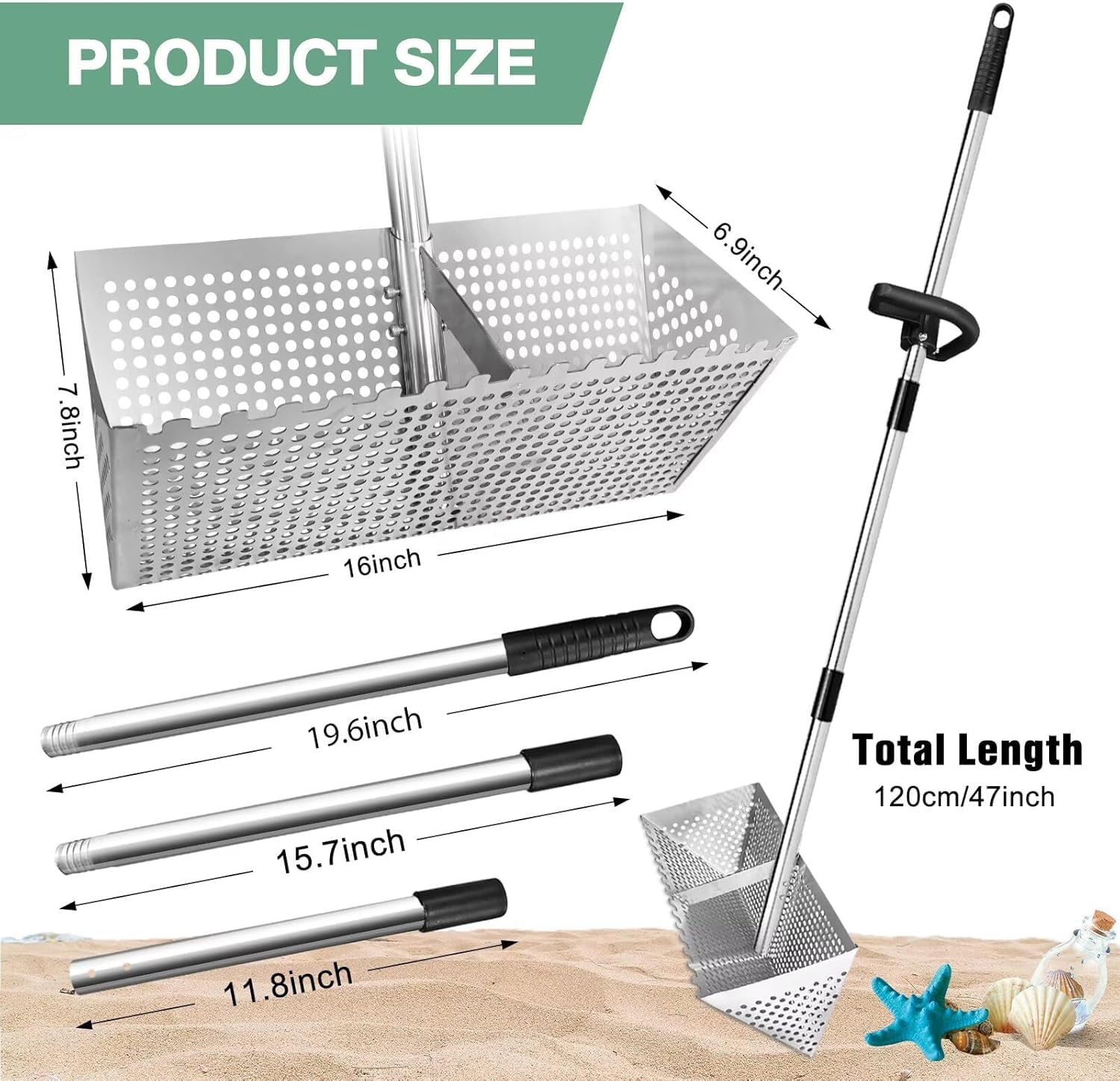 Edelstahl Strand Sandsieb, Strandrechen, Sandflohharke, Mit 15,8 Zoll Haifischzahn, Breiter Korb, 133cm Einstellbar Sandschaufel Dreiteiliger Griff, Faltbare Sandflohfalle Für Den Strand(Silver)