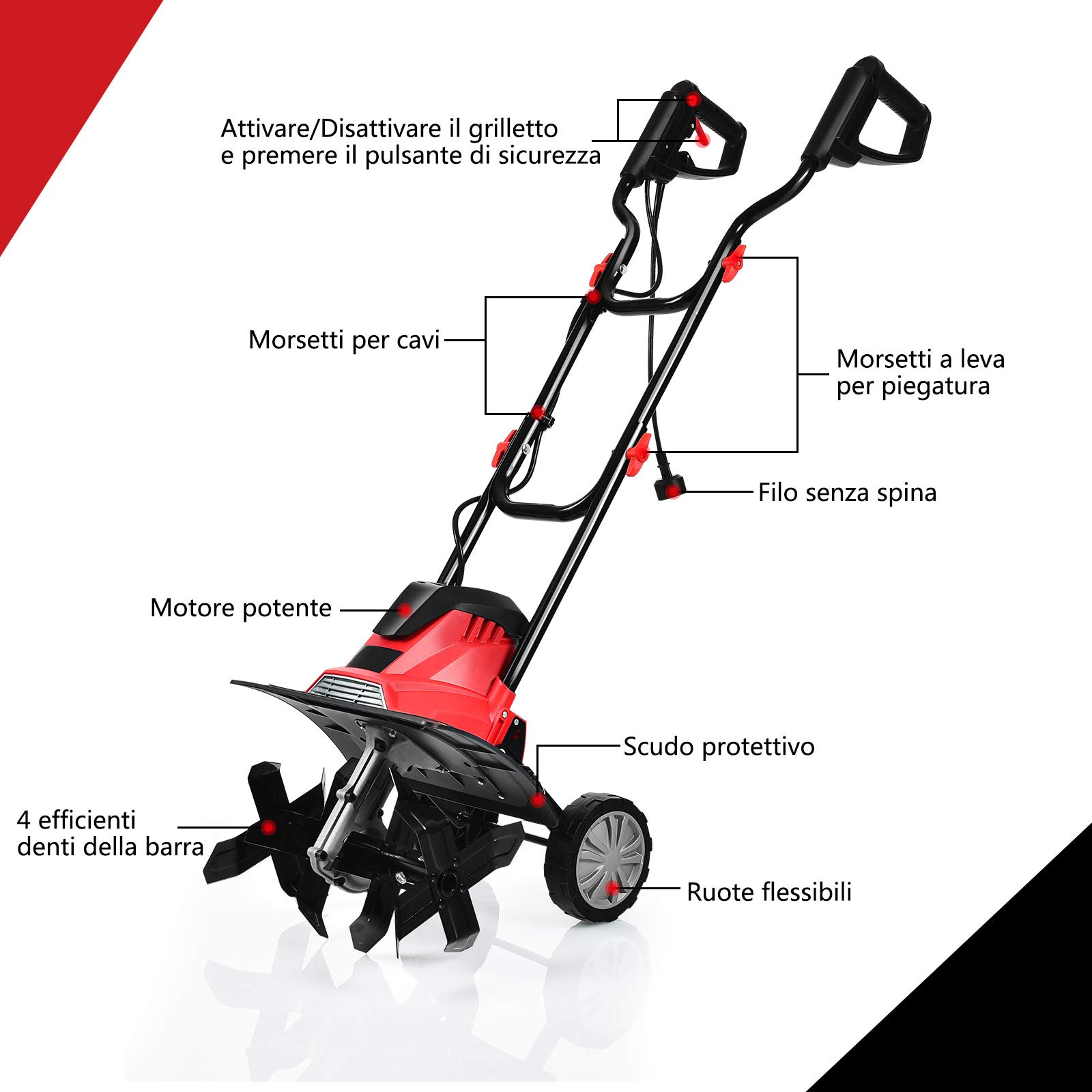 COSTWAY Motozappa Elettrica 1200W/1500W, Zappatrice Elettrica con Maniglia Pieghevole, Ruote Regolabili, 4/6 Lame, Velocità 365/400 PRM, Profondità 22 cm, Larghezza 35/43 cm (Rosso, 1200 W)
