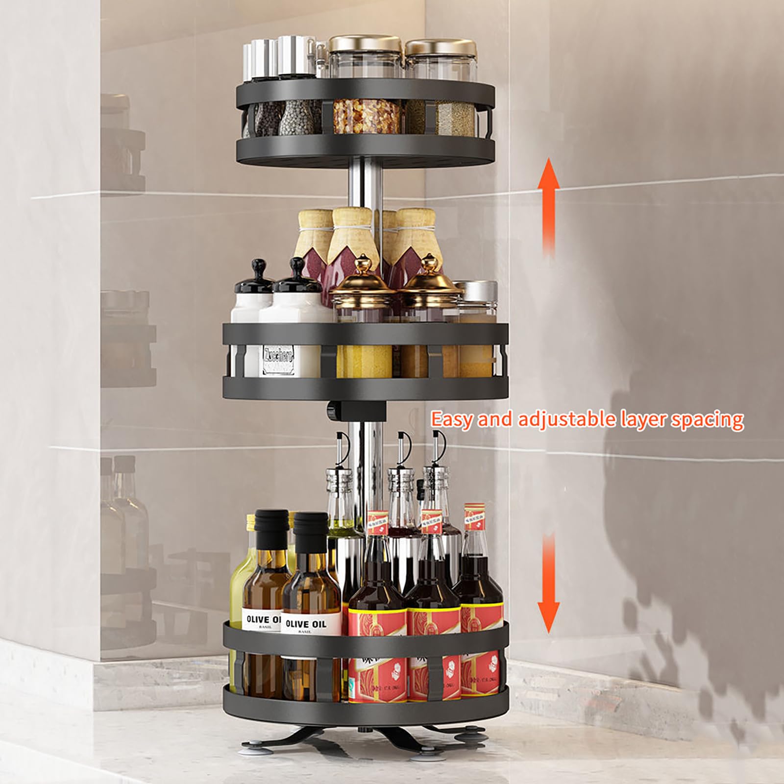 Estante de especias de 3 niveles, almacenamiento de especias giratorio de metal para cocina y baño, eficiente soporte de plato de 3 niveles, elegante dispensador de especias para un fácil acceso