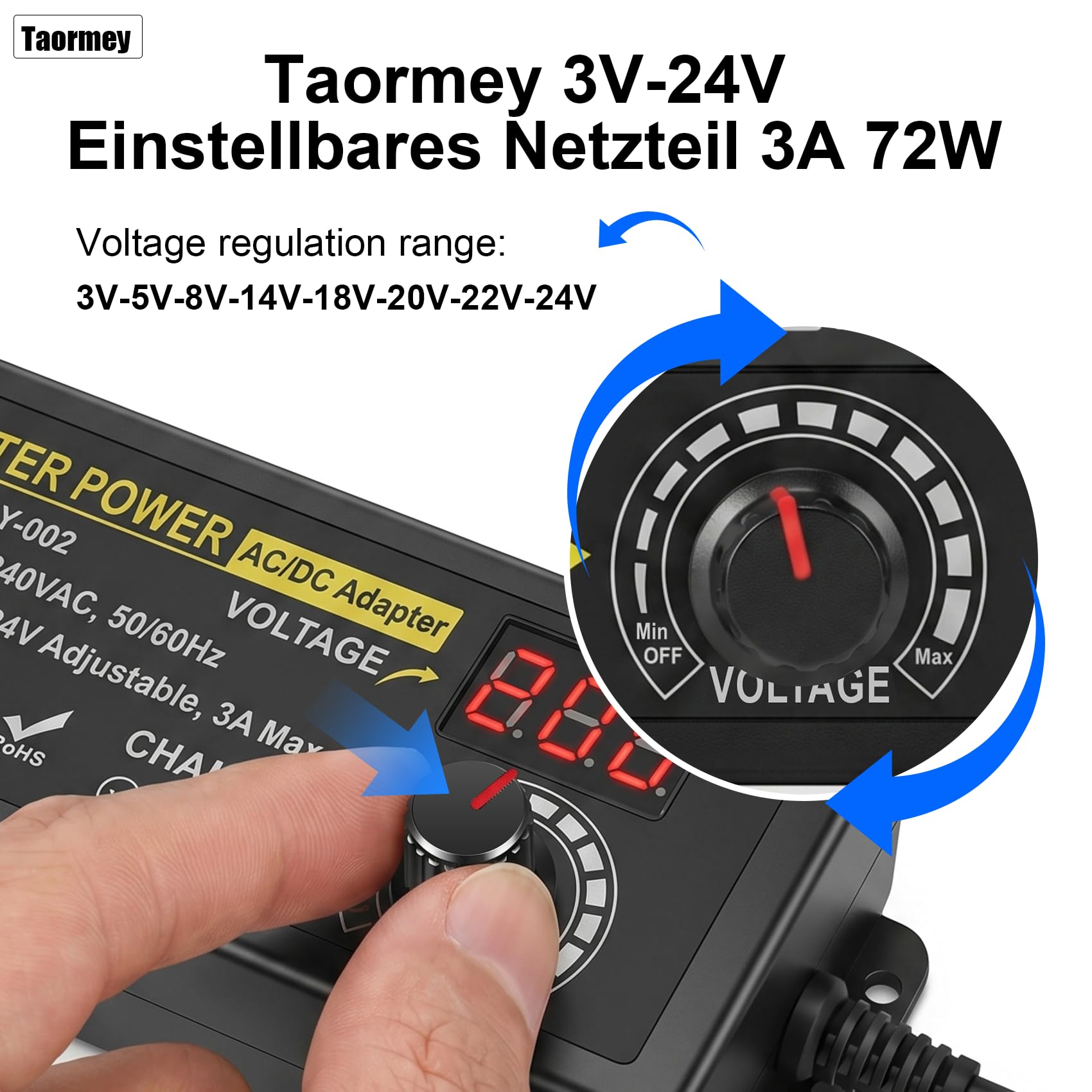 Einstellbares Netzteil 3-24V 3A 72W, Universal Netzadapter mit 5,5x2,5/2,1mm DC Anschluss, LED-Anzeige & 14 DC-Steckern, Sicherer Schutz für LED-Streifen, Router, DC-Motor, 100-240V AC/DC