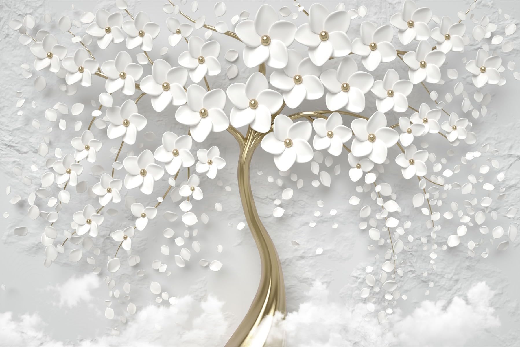 Muralo Tapete Vlies 3D, abstrakter Baum, weiße Blumen - 360x240 cm | Beeindruckendes 3D-Design, hochauflösender Druck - ideal für Wohnzimmer und Schlafzimmer, Ein außergewöhnliches Raumerlebnis