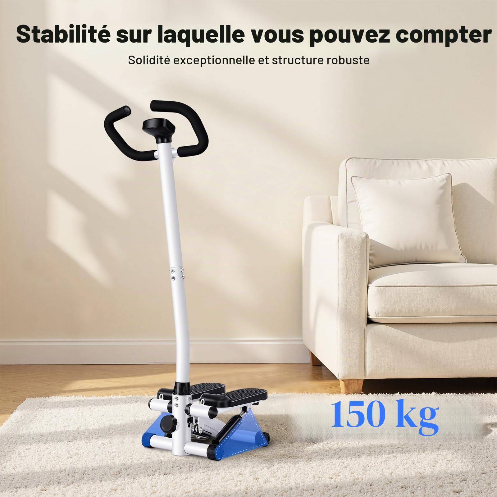 Stepper de fitness, machine à stepper avec guidon, résistance de 150 kg, hauteur d'entraînement réglable, système d'entraînement hydraulique pour perdre du poids, formes et entraînement