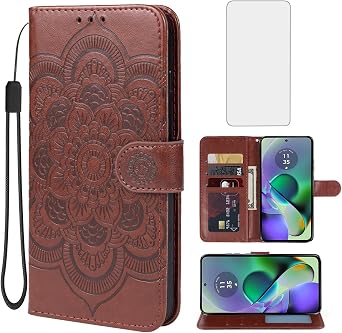 Case for Moto G54 5G Case, Motorola G54/Moto G64 5G XT2343-1 Wallet Case with Tempered Glass Screen Protector, Leather Flip Credit Card Holder Stand Phone Cover for Motorola Moto G54 5G Brown