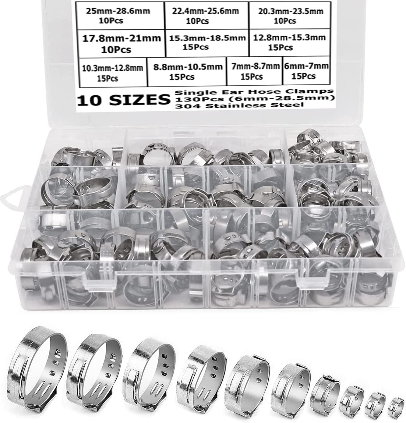 130Pcs 1/4" 11/8" Single Ear Hose Clamp Hose Crimp