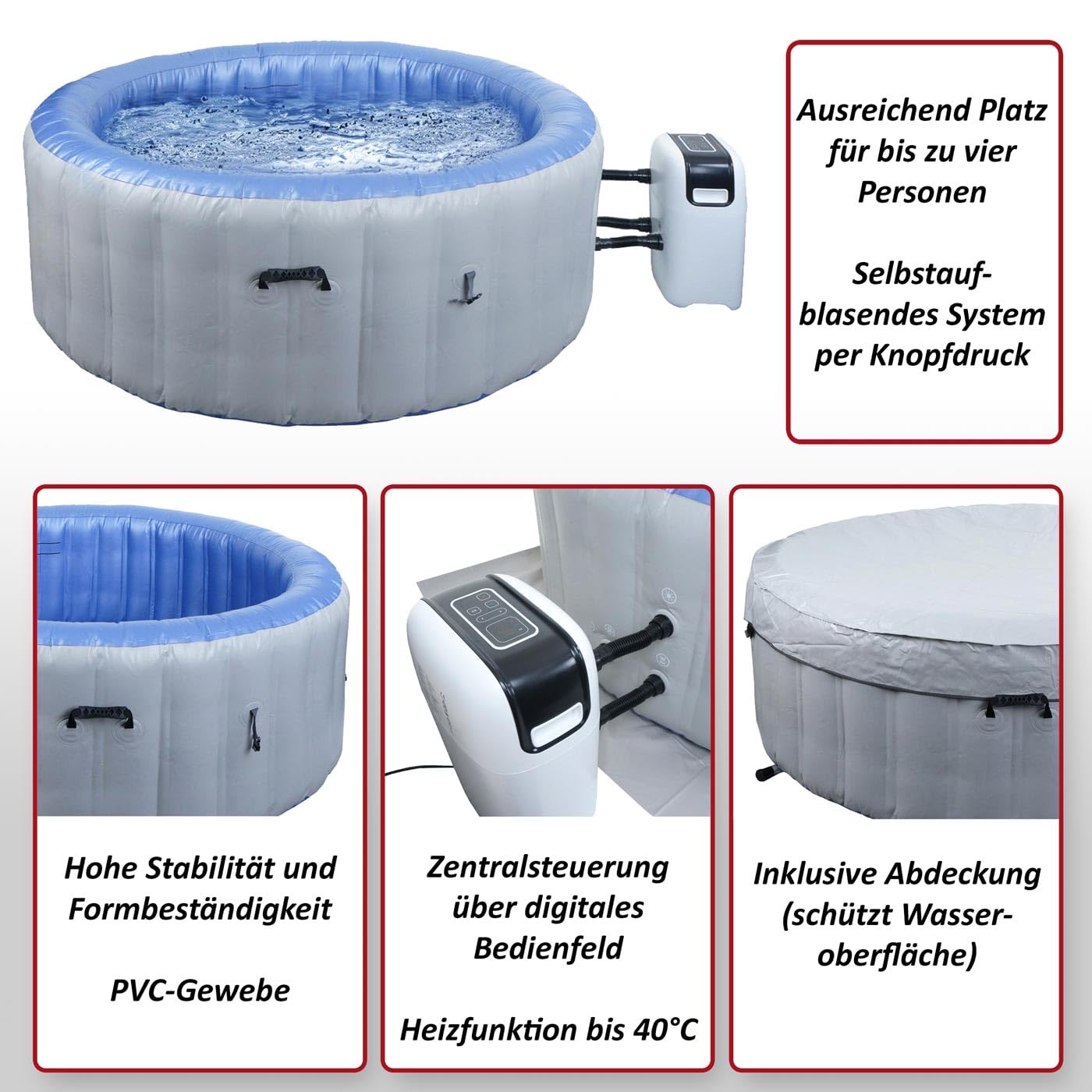 Mendler Whirlpool HWC-N97, 4 Personen, In-/Outdoor heizbar aufblasbar Pumpe PVC laminiert, rund Ø 180cm - grau-weiß
