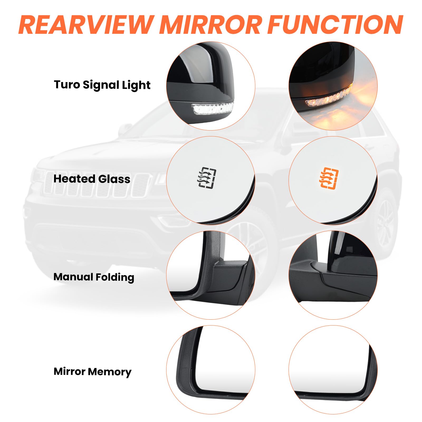Left Driver Side Mirror for 2011-2021 Jeep Grand Cherokee Black