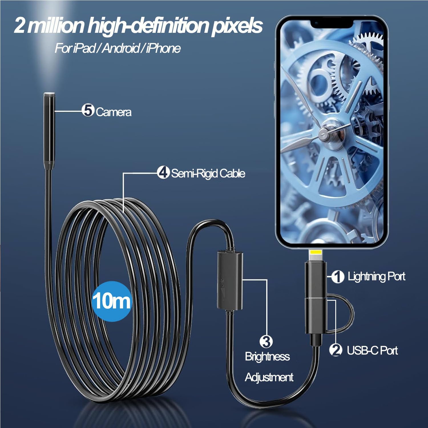 Endoscopio Per Smartphone 1920P HD - Telecamera Ispezione 5M Con 8 LED IP67 Impermeabile - Foto 2