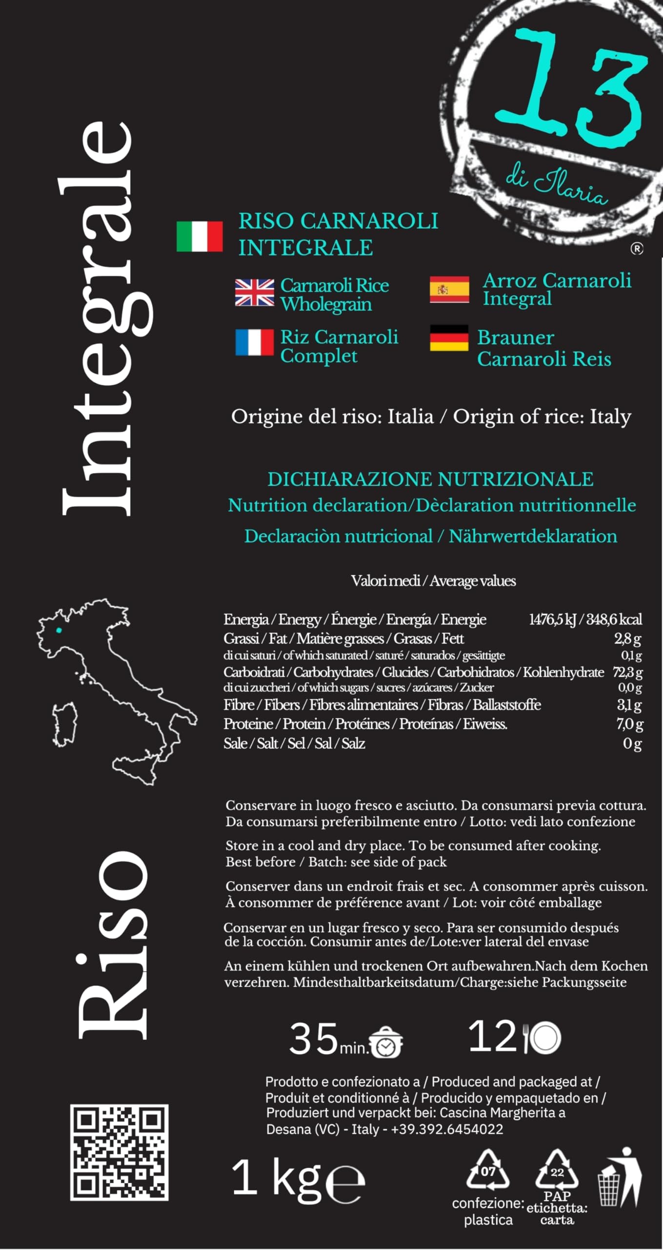 Riz Carnaroli Complet d'Italie 2 kg (2x1 kg) – Riche en Fibres | 2 sachets de 1 kg de riz Carnaroli complet d'Italie, cultivé à Vercelli, riche en fibres et naturellement sans gluten