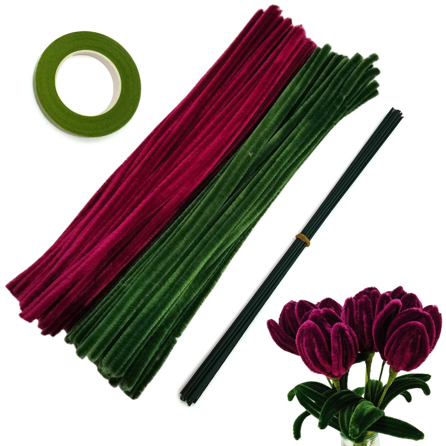 Pipe Cleaner Set, 200 Pcs, with Floral Wires and Floral Tape, Chenille Stems for Tulip Bouquet Making, Kids DIY Craft Projects and Decorations (Maroon & Green)-image-46