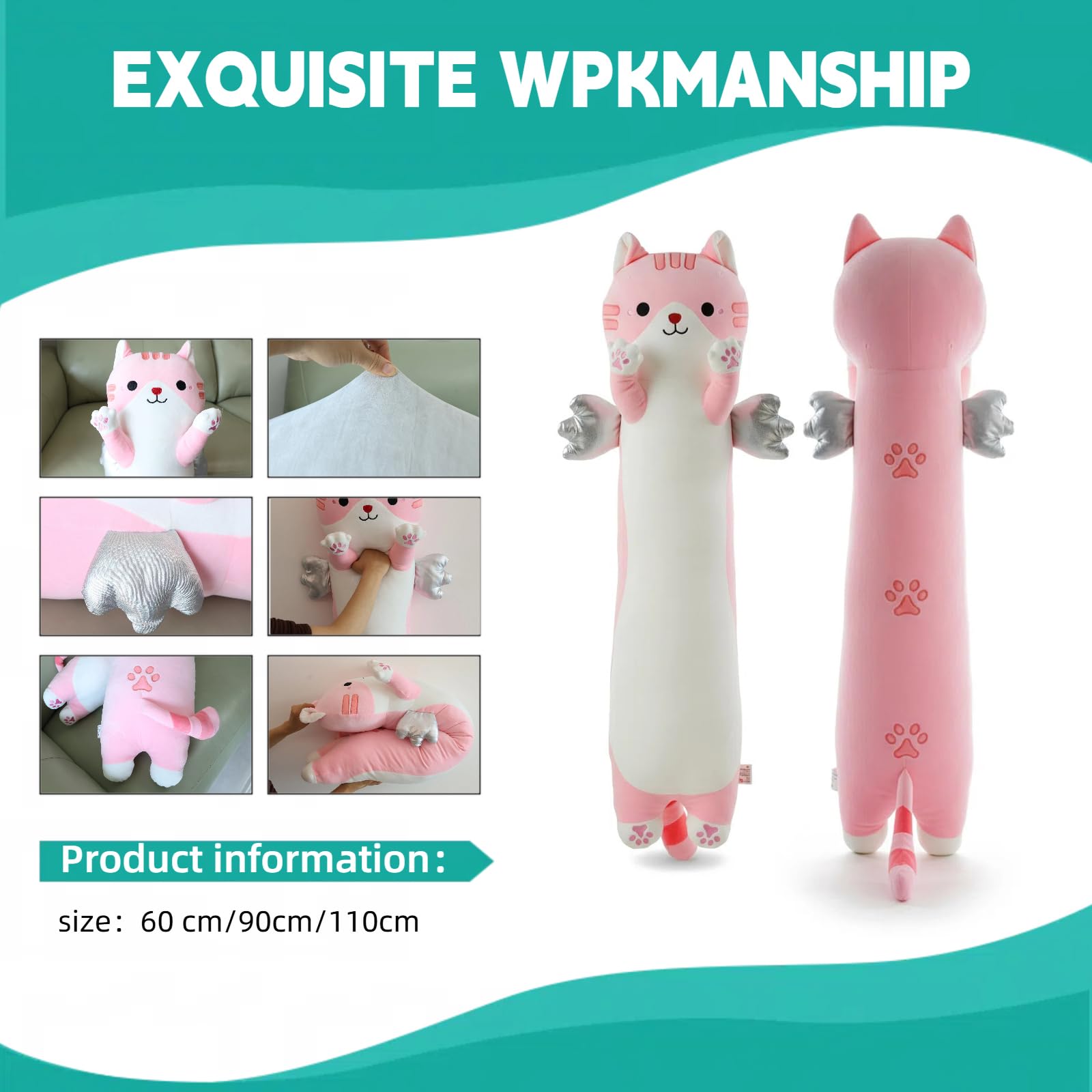 Cojín de gato con alas, 110 cm de largo, cojín de felpa suave para dormir de lado, bonito gato de peluche Kawaii como juguete gigante para adultos y niños (rosa)