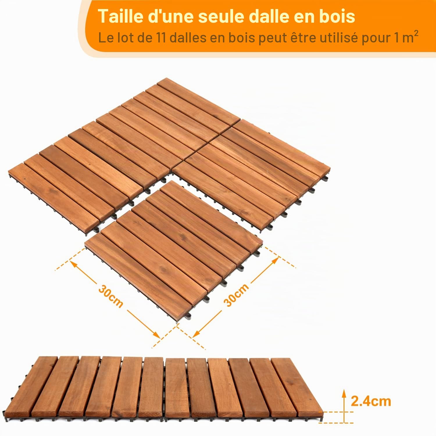 Lot de 11 dalles en bois d'acacia - 30 × 30 cm - 1 m² par carrelage de sol - Revêtement de sol extérieur et intérieur - Balcon avec système de drainage et système de clic - Marron