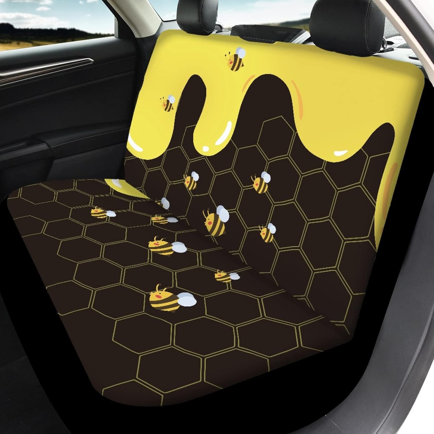 FUSURIRE Honey Bee Universal Car Seat Covers Full Set for Men Women, Breathable Front and Back Car Seat Protector Mat Fit for Most Cars, Truck, Sedan or Van