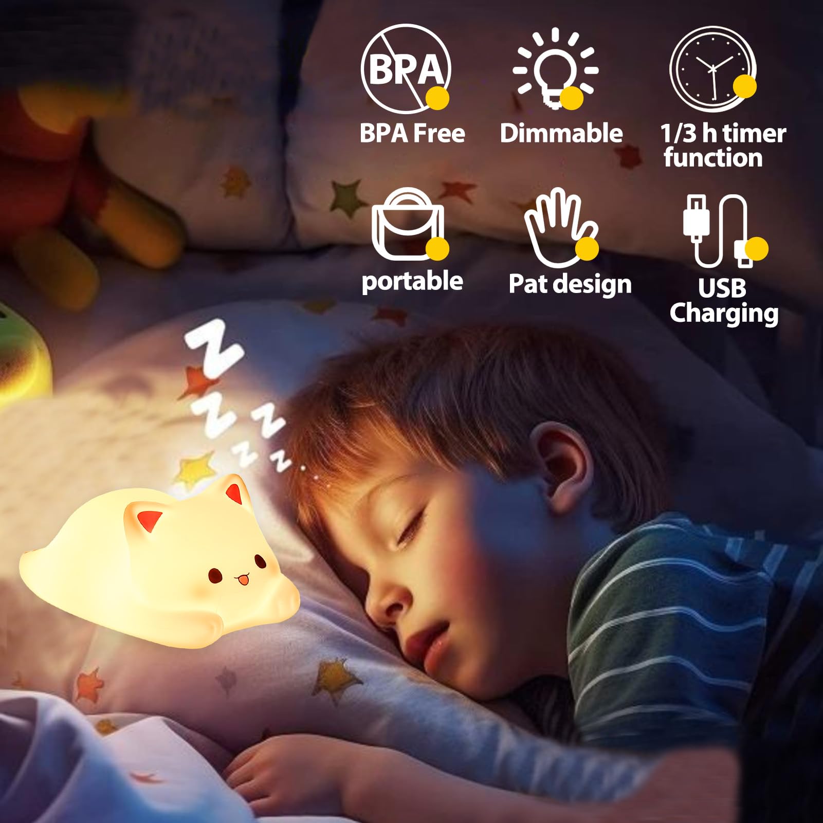 Tremdwoto Cat Night Light for Kids,Cute Colorful Night Lights Baby Girl Squishy Nightlight Lamp 1/3 Hour Timer Kitty Light Dimmable Nursery Lamp Nightlight Gift for Kid Toddler Kawaii Bedroom Decor - Image 3