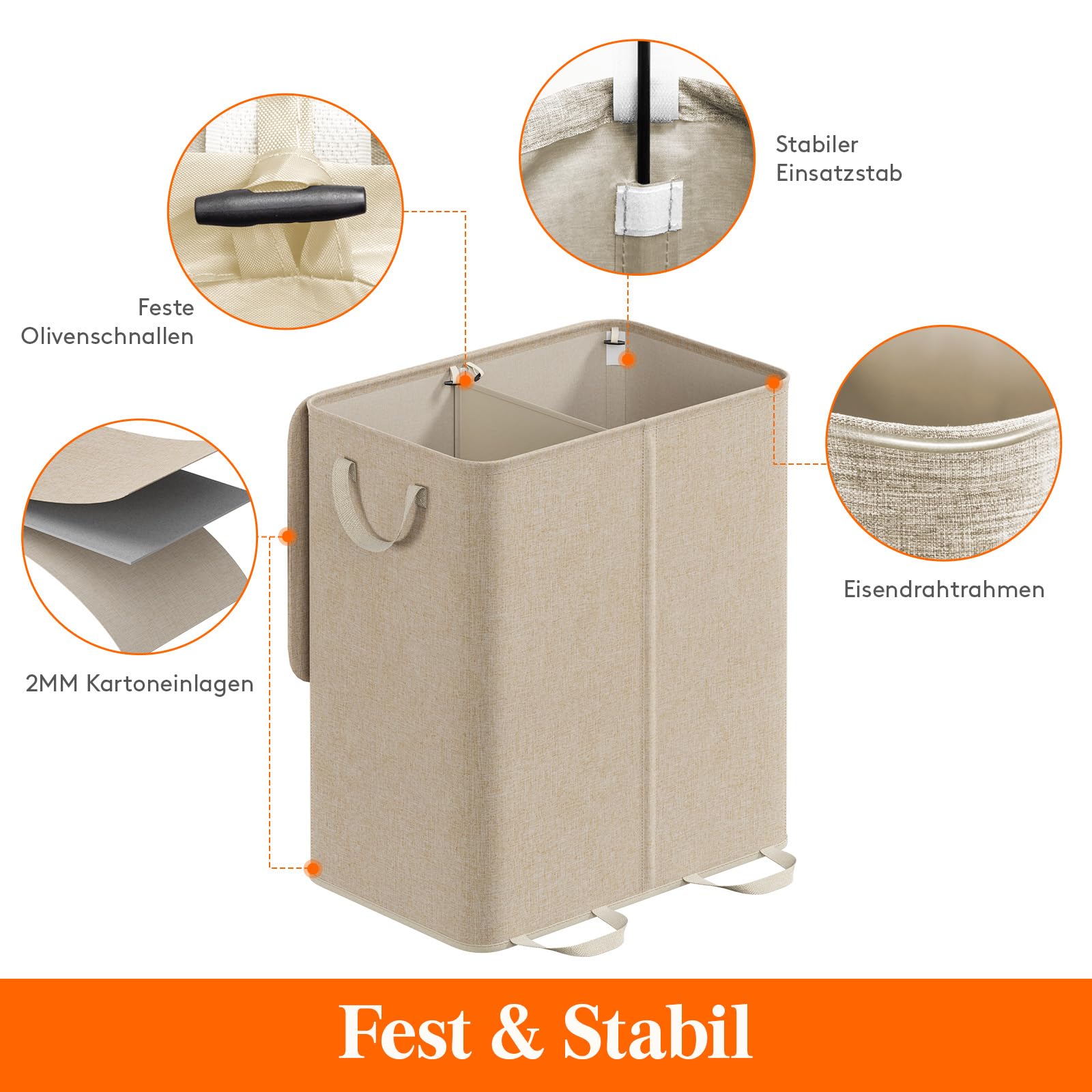 Lifewit 155L Wäschekorb mit Deckel und 2 Fächern, Beige