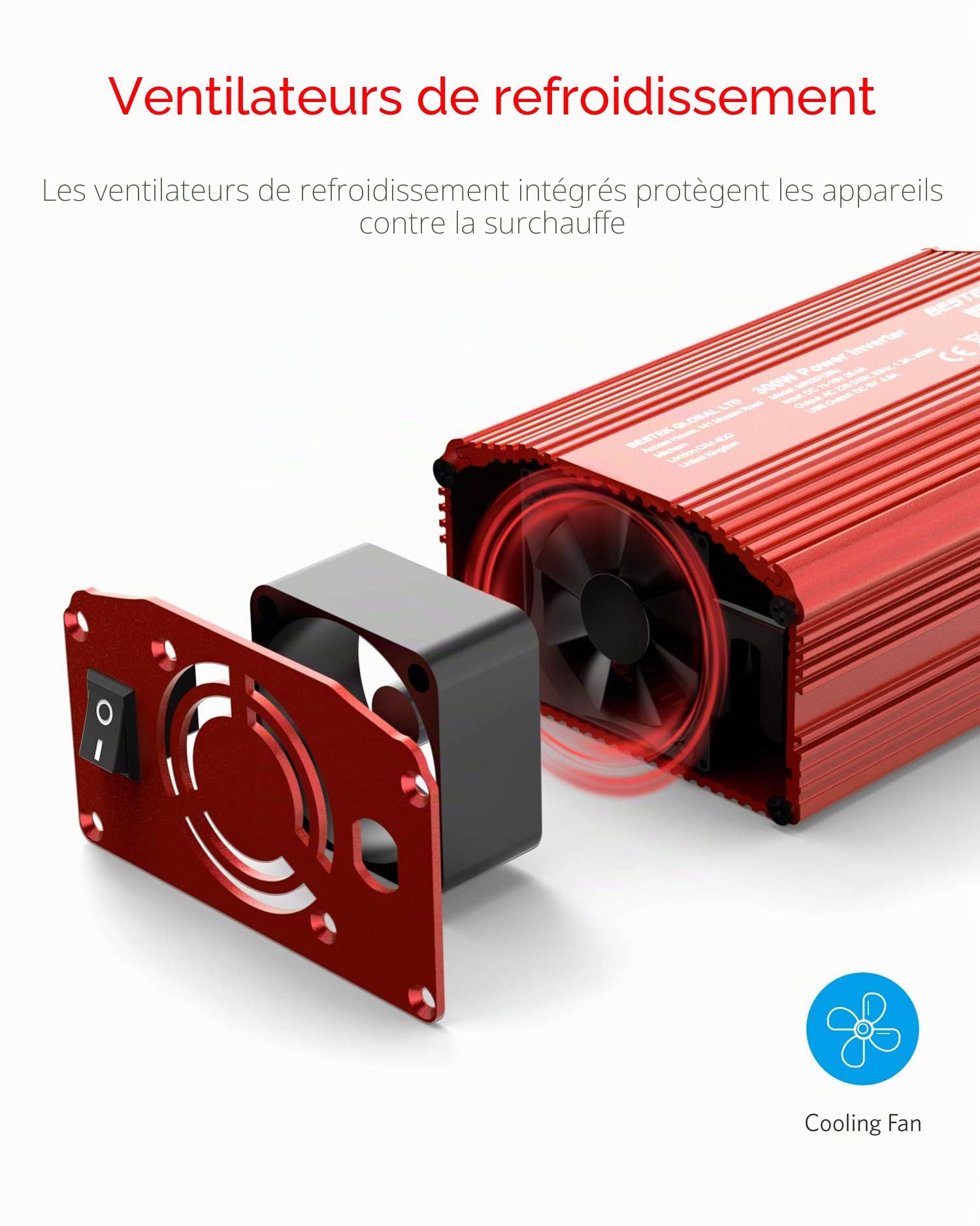 BESTEK Convertisseur 12V 220V 300W Onduleur Métal Chargeur Allume-Cigare Transformateur de Courant pour Voiture avec 1 AC Prise et 2 Ports USB 2,4 A et Clip de Batterie