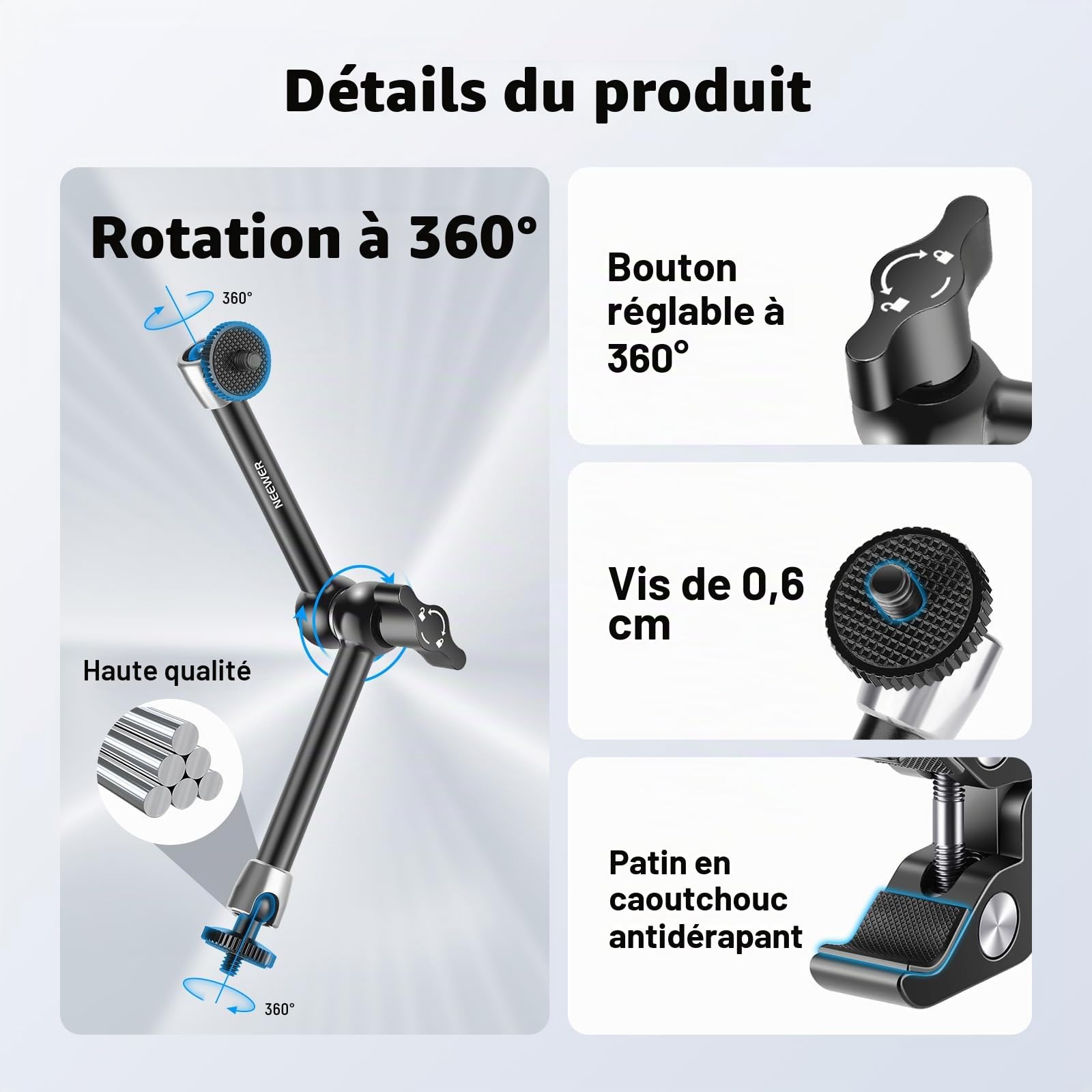 NEEWER Bras Magique Réglable 25cm/9,8" avec Super Pince, Filetages 1/4" & 3/8", Vis 1/4" pour Flash/Éclairage LED/Micro/Moniteur, Compatible avec SmallRig, Charge Maximale: 2kg, ST25C