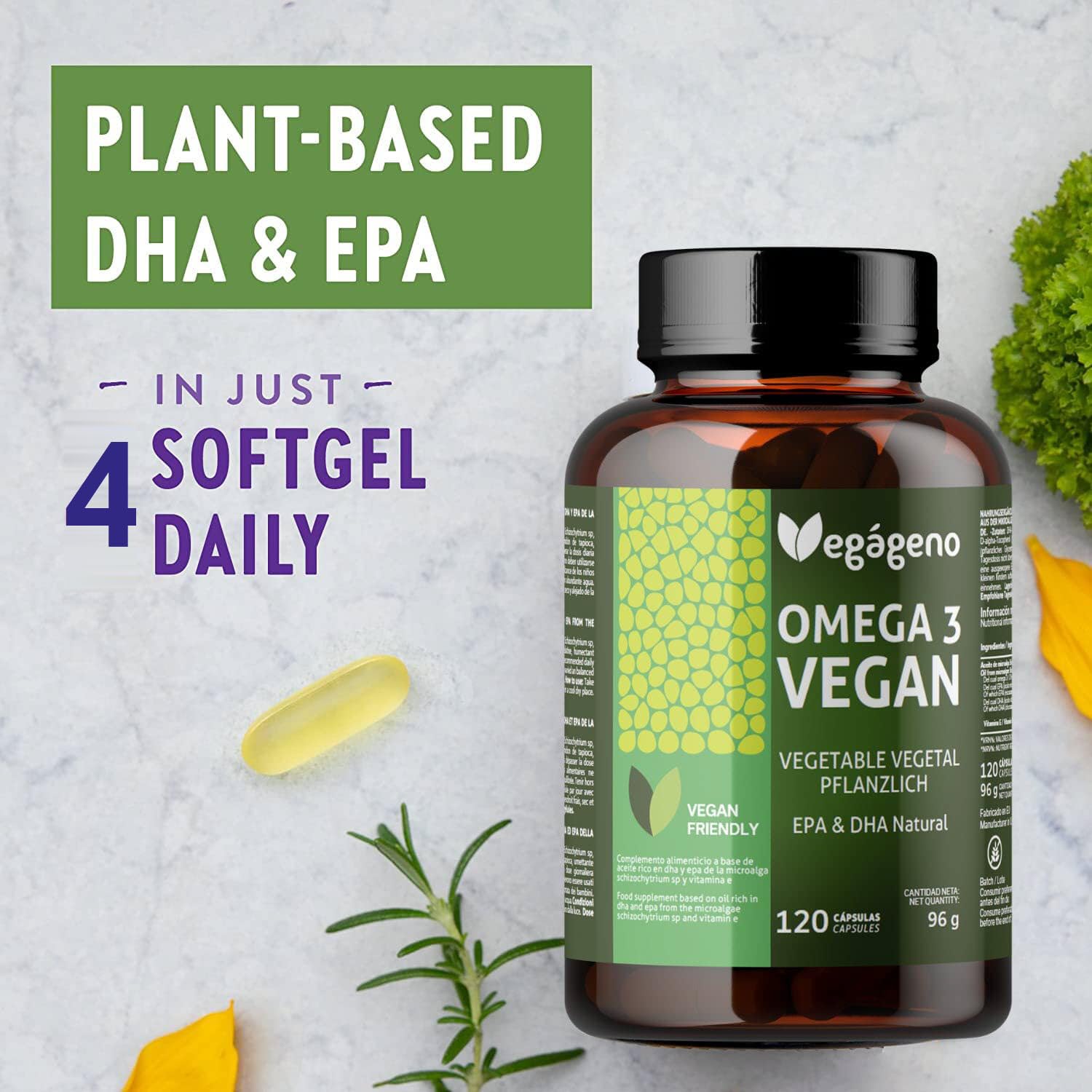 OMEGA 3 VEGAN - Huile d'algues 2000MG d'origine végétale. Haute concentration de 600 mg de DHA et 300 mg d'EPA par dose quotidienne. 100% naturel. Sans gluten. Non OGM. Compatible avec le VEGAN