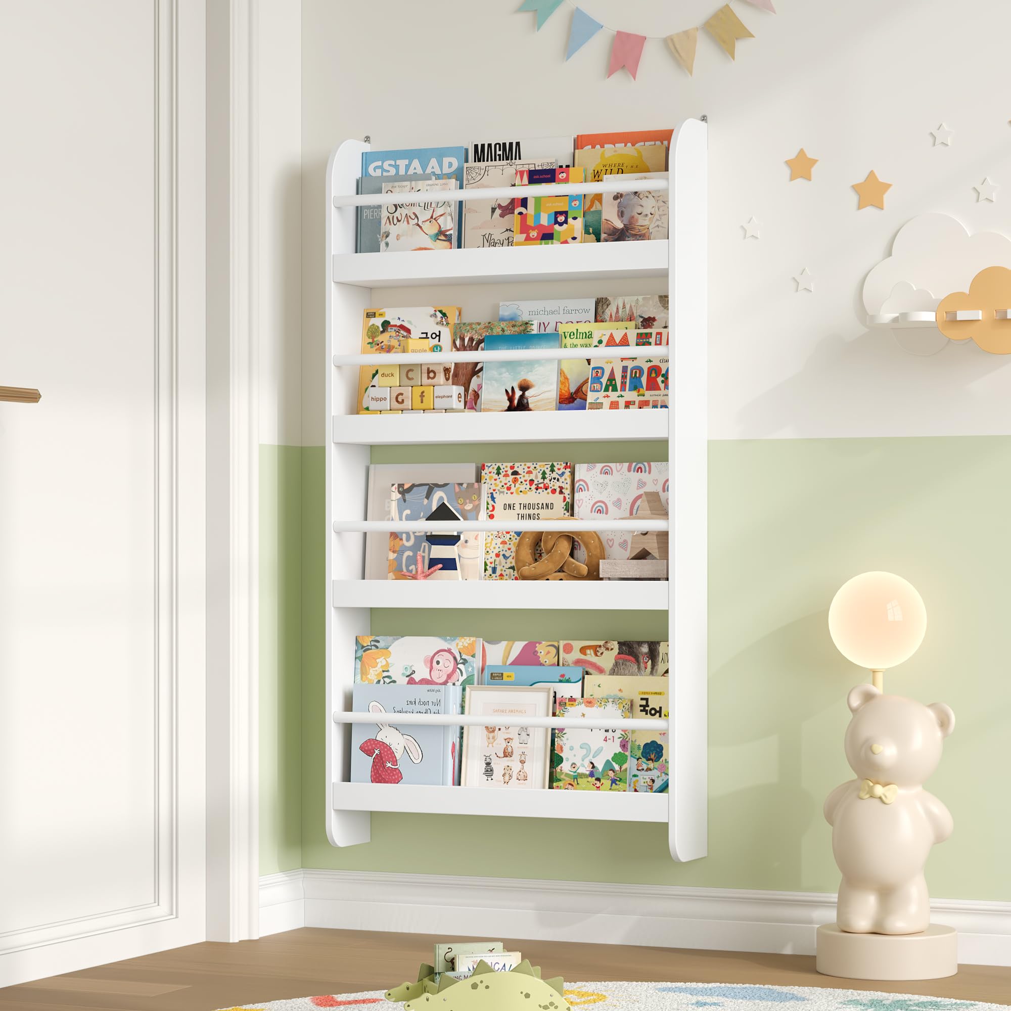 FOREHILL Bibliotheque Enfant, Bibliothèque Murale avec 4 Étagères, Etagere Murale, Rangement Livre Jouets pour Chambre d'enfants Salle de Jeux, Blanc 58x12x111cm