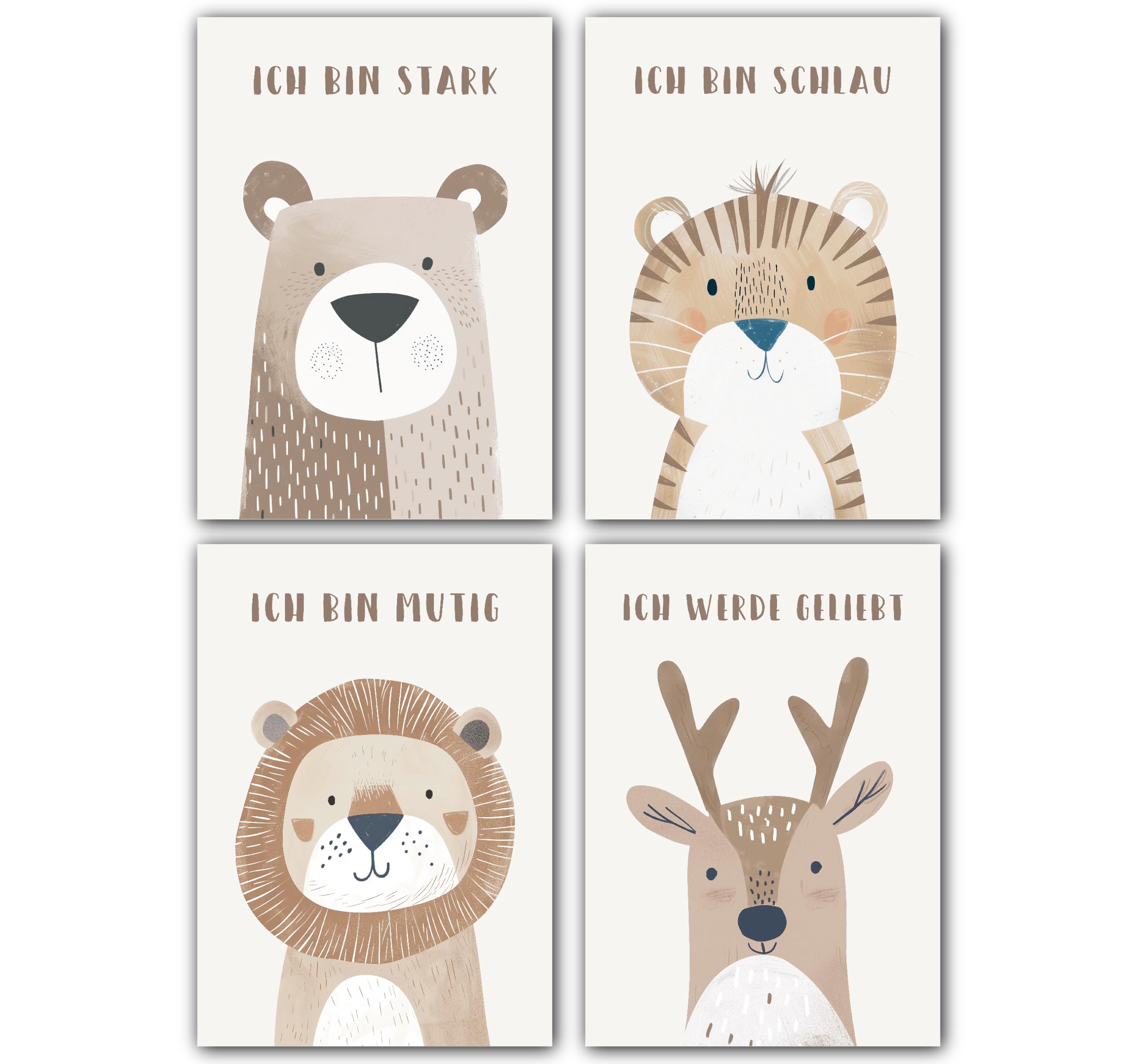 LAVEMA Affirmationsposter Kinder | Bilder Kinderzimmer A4 (21x30cm) Poster | Tiere Beige | Deko Bilder Mädchen und Jungen Affirmationen