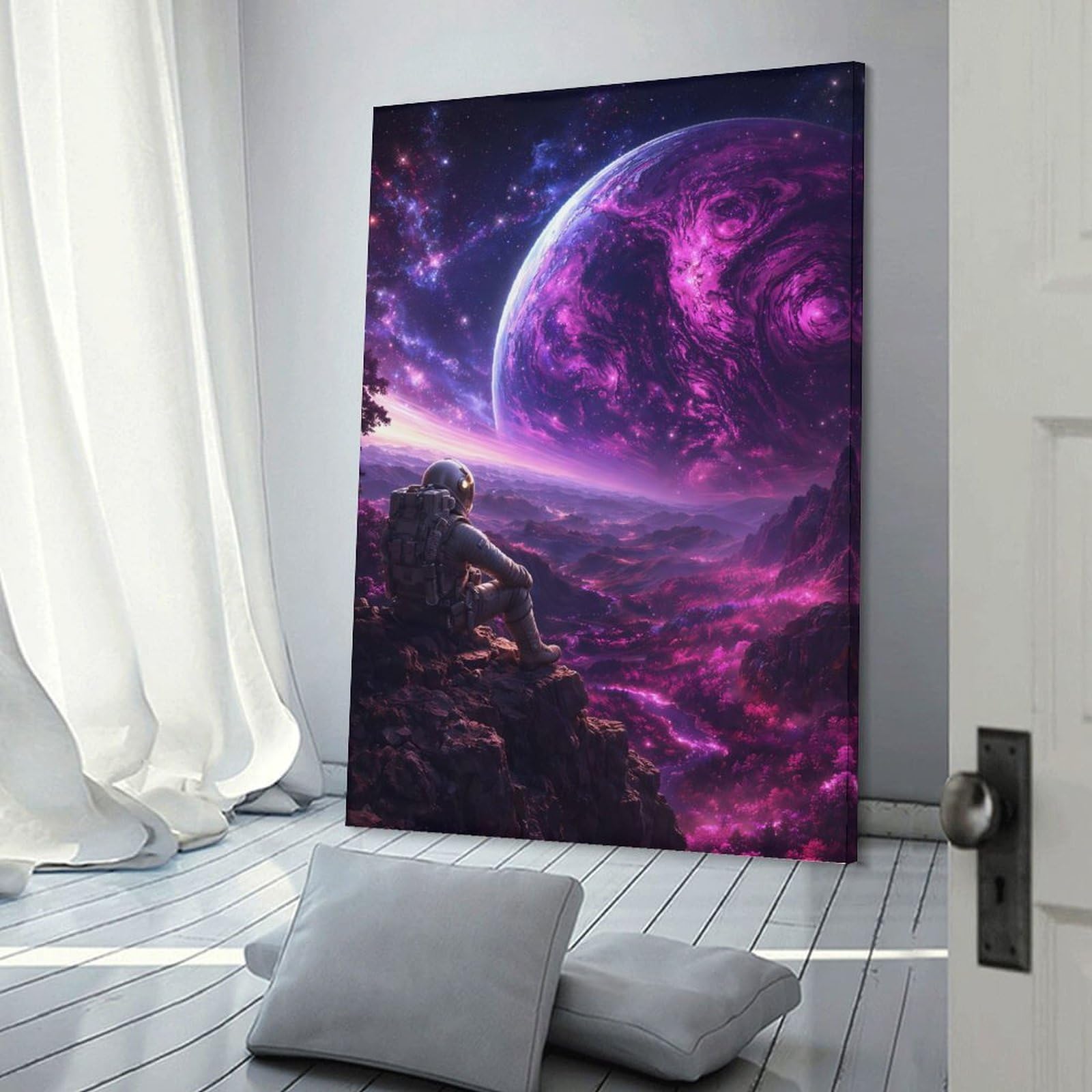 Junmoney Astronaut Gazing at Alien Planet Wall Art Print 24x36inch(60x90cm), for Living Room, Bedroom Or Home Office, Thoughtful Wall Decor for Art Lovers