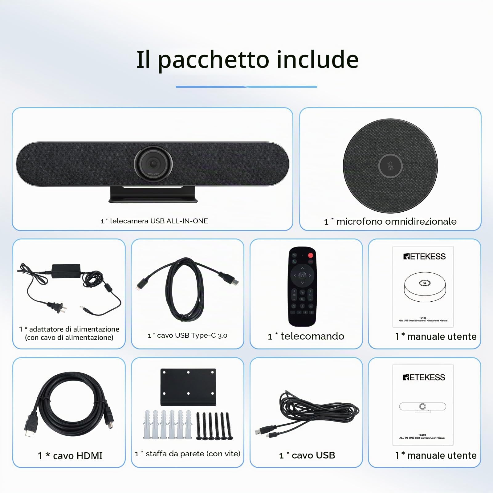 Retekess TC201 Videoconferenza con Microfono, Webcam conferenza PTZ 4K, Array di 4 Microfoni, Tech di Elaborazione 3A, Ai Tracciamento Degli Altoparlanti, per Sala Riunioni da 6-12 Persone