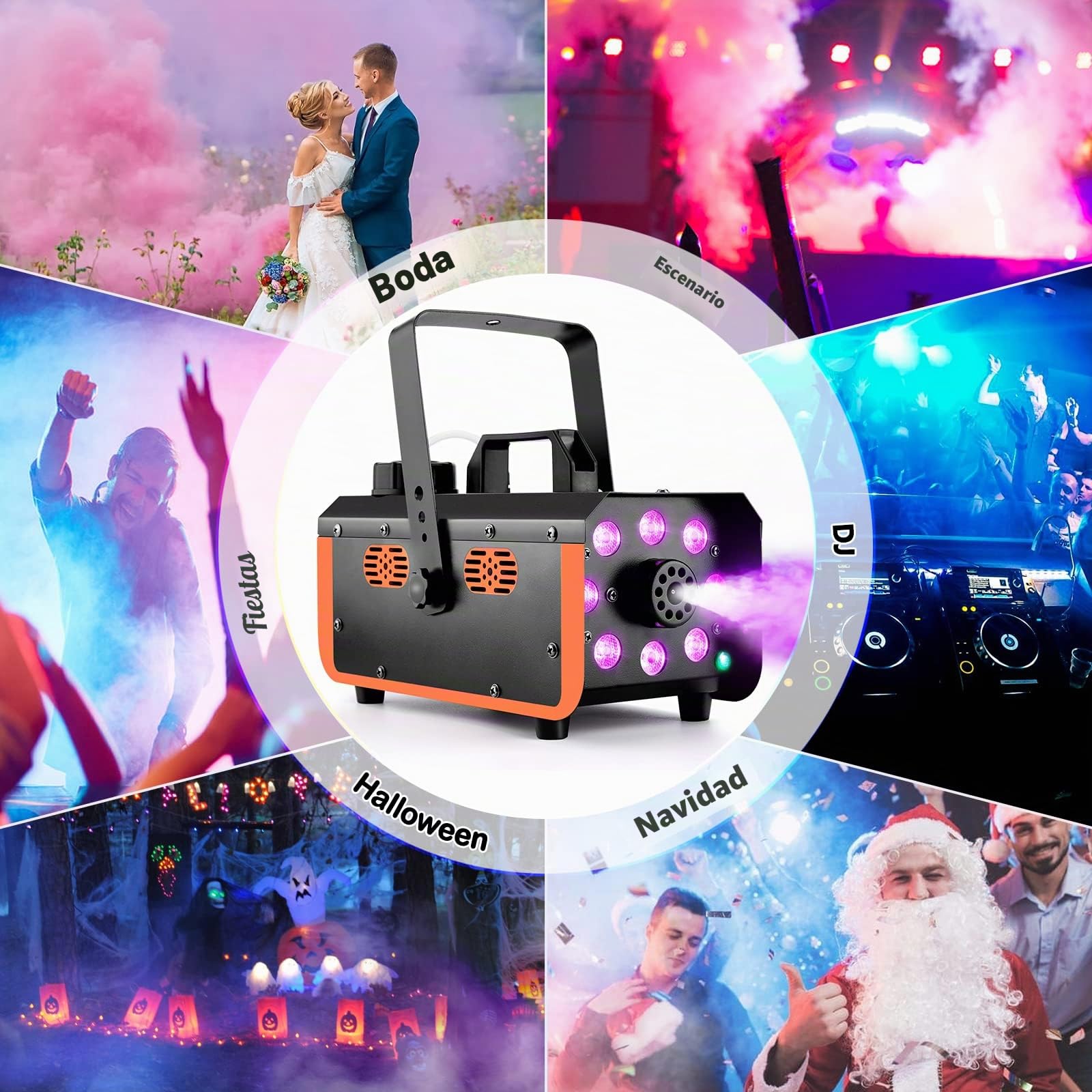 HAKUTA Máquina de Humo a Prueba de Lluvia, 8 LED con 4 Efectos para Fiestas | Resistente a Salpicaduras, Luces y Humo Control Independiente, 2 Mandos, 13 Colores, 300ml, para Bodas/Halloween/DJ